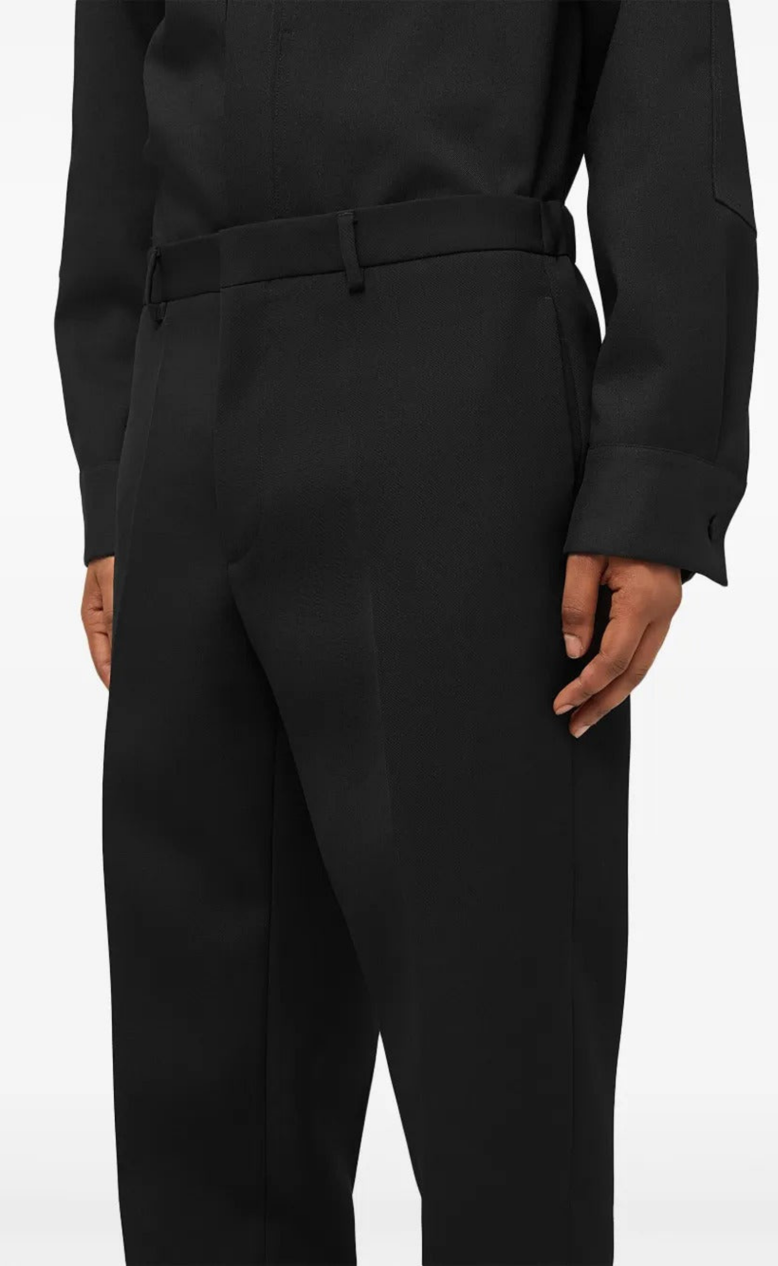 WOOL GABARDINE TAPERED RELAXED BLACK PANTS