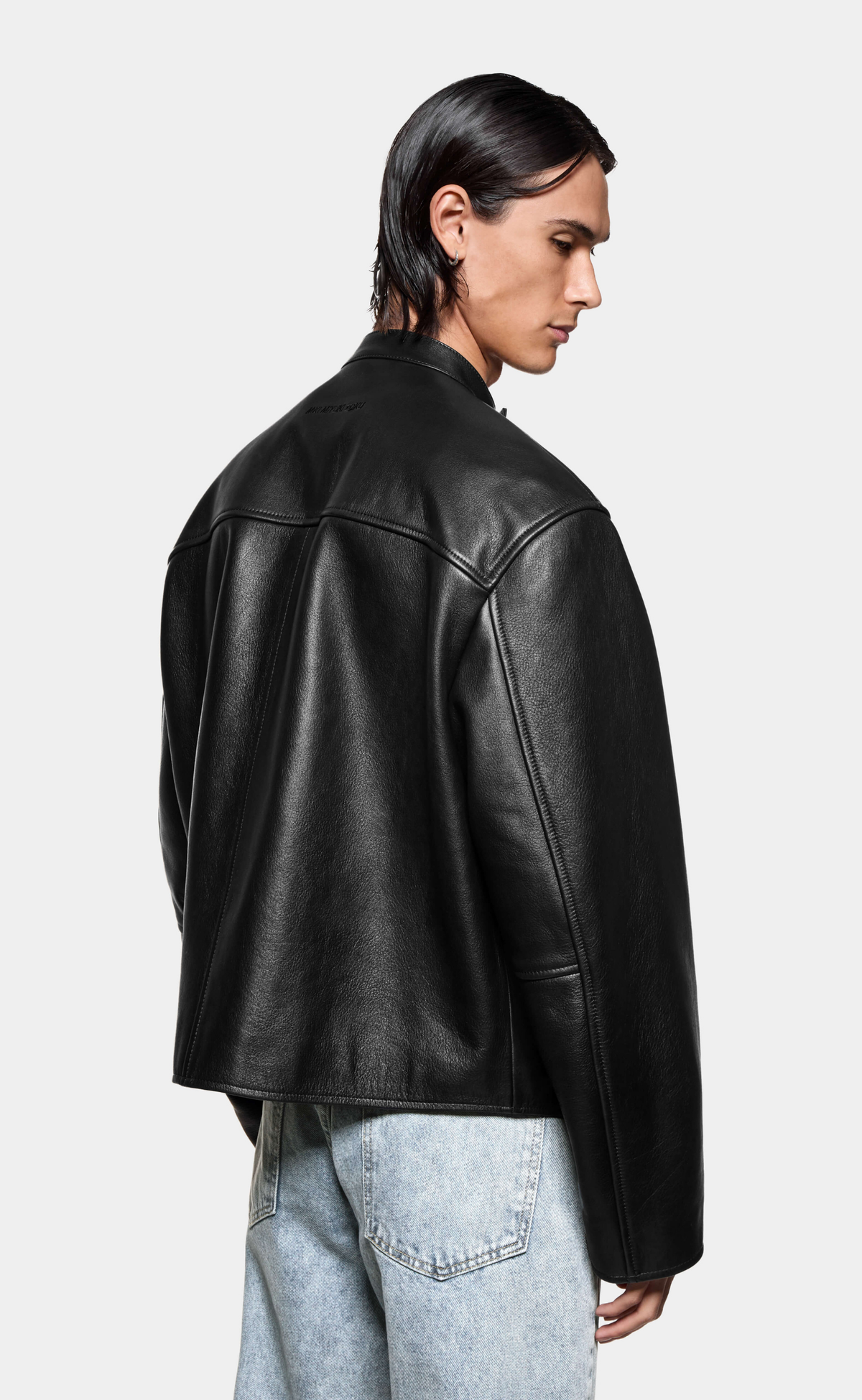 CROPPED LEATHER RACER BLACK JACKET