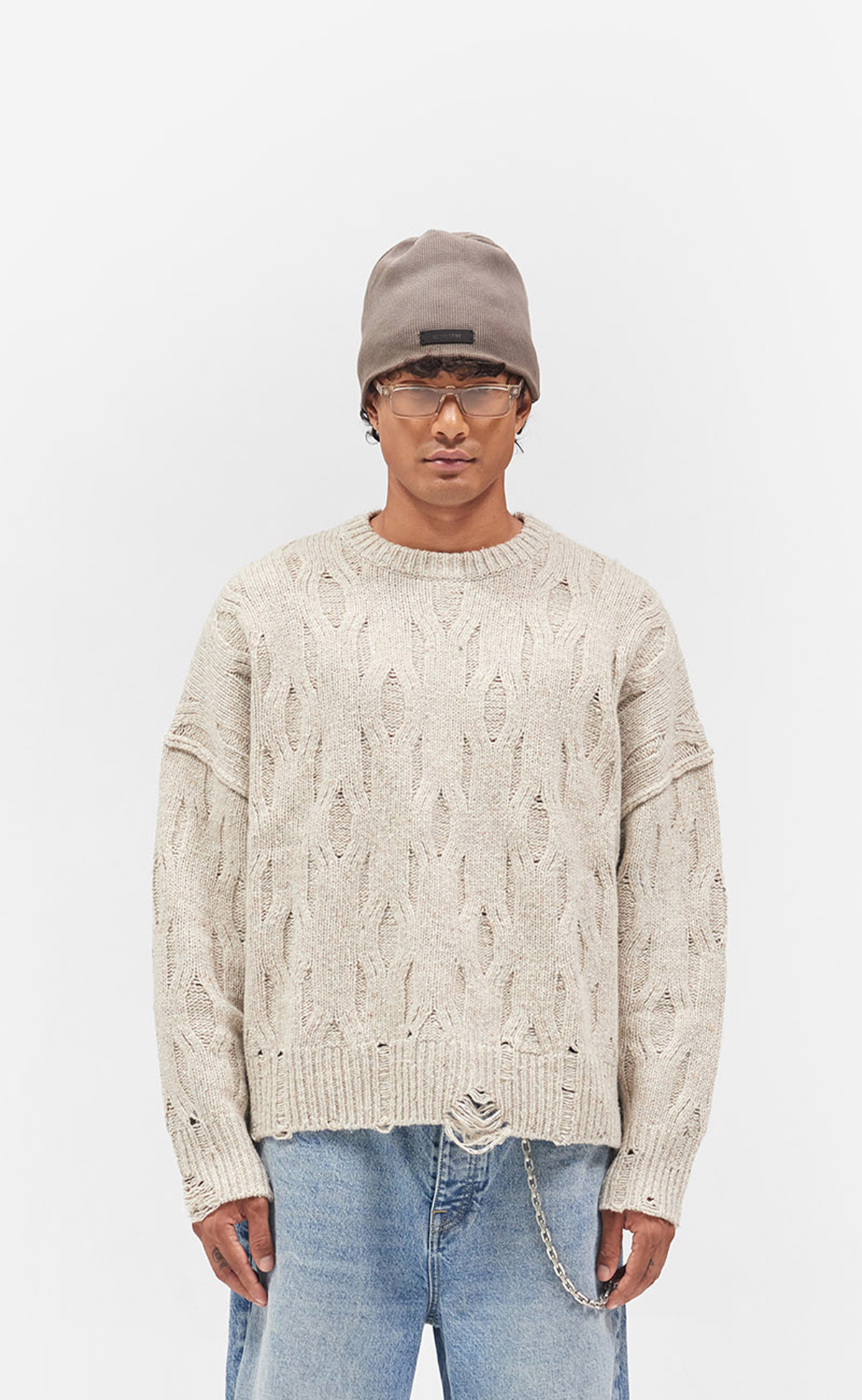 DISTRESS KNIT TAUPE SWEATER