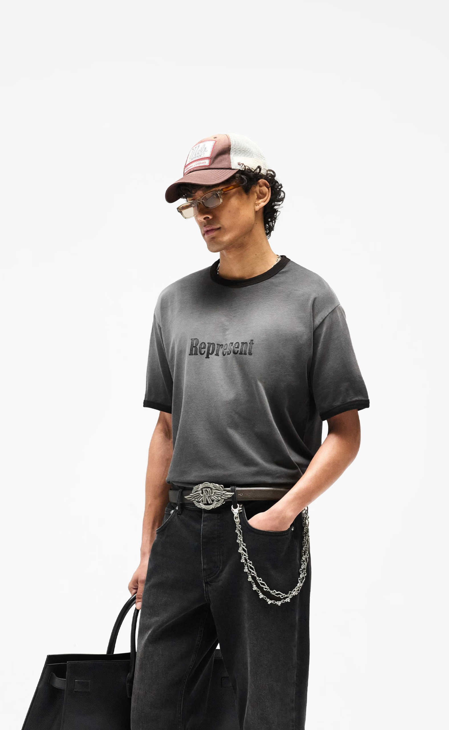 REPRESENT RINGER STAINED BLACK T-SHIRT