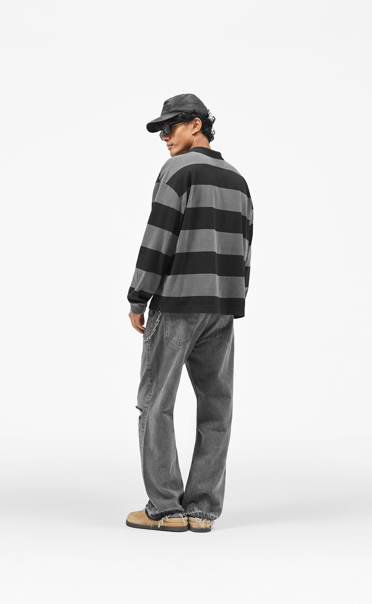 OWNERS RUGBY STRIPE POLO JET BLACK LONGSLEEVE
