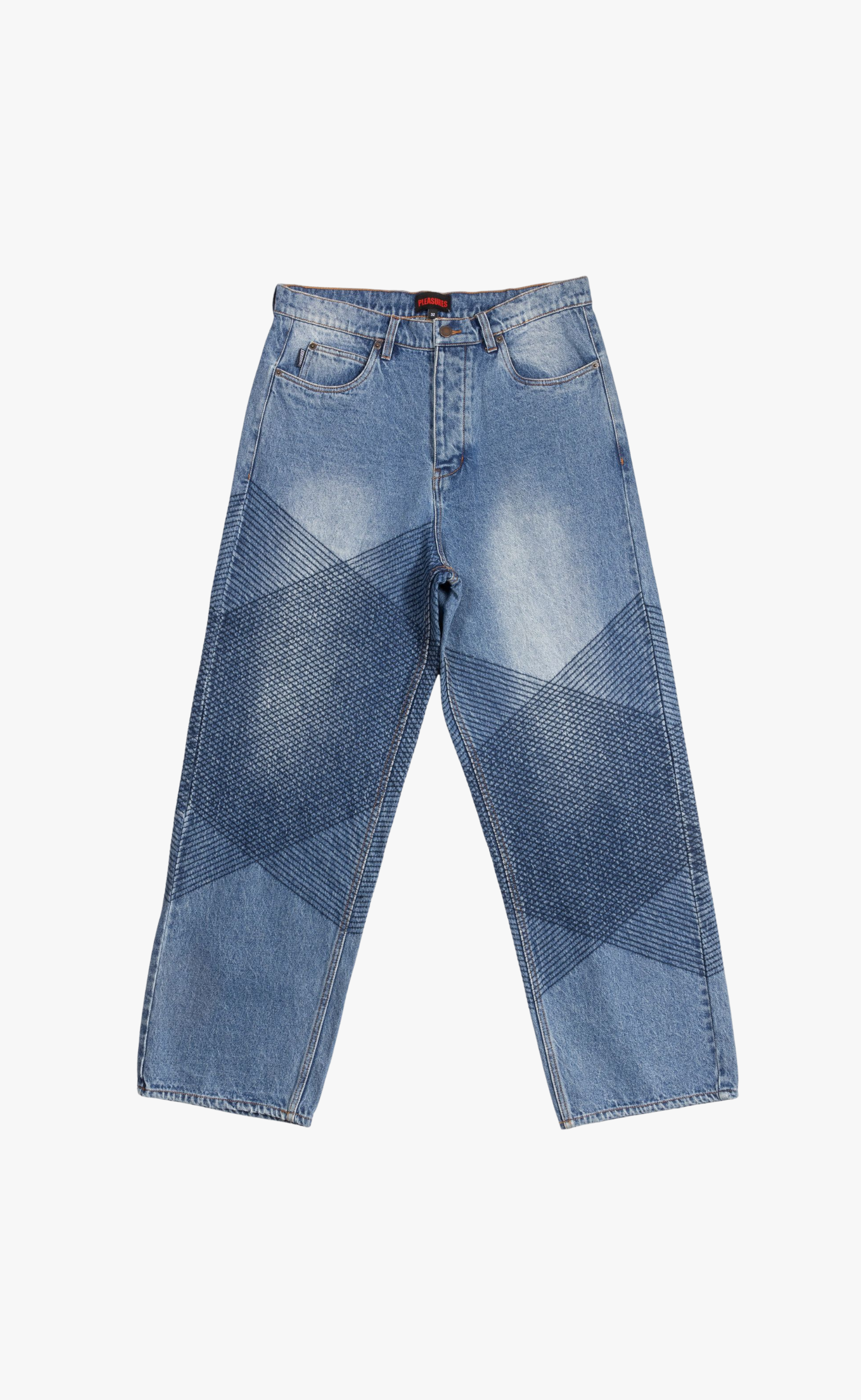 GRID EMBROIDERED BAGGY INDIGO JEANS