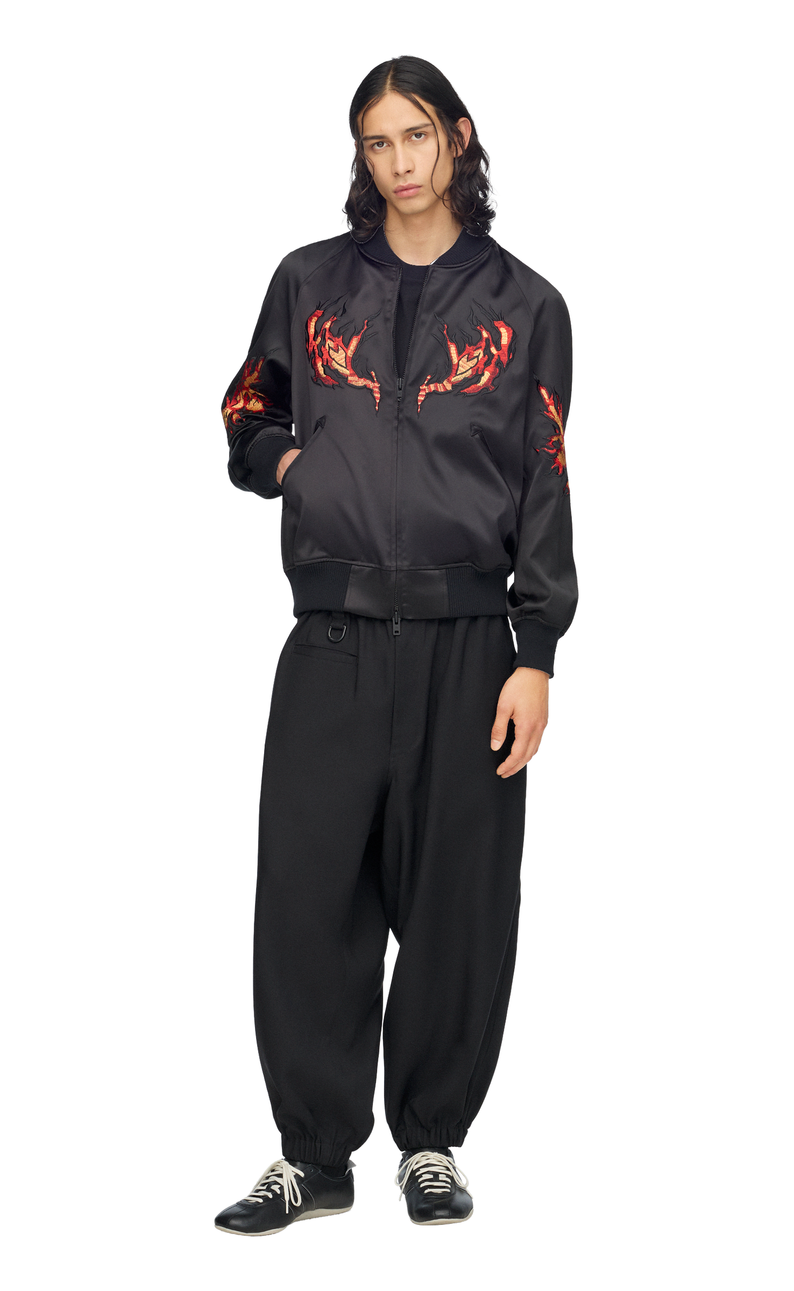 Y-3 EMBROIDERED GRAPHIC SATIN SOUVENIR BLACK JACKET