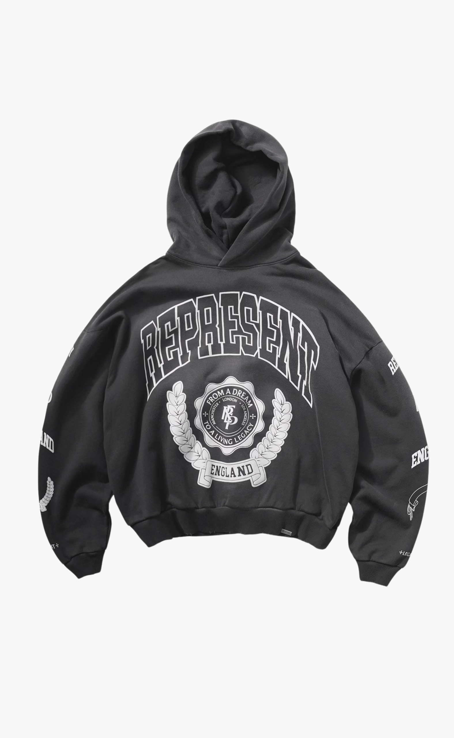 REPRESENT LEGACY CREST STAINED BLACK HOODIE
