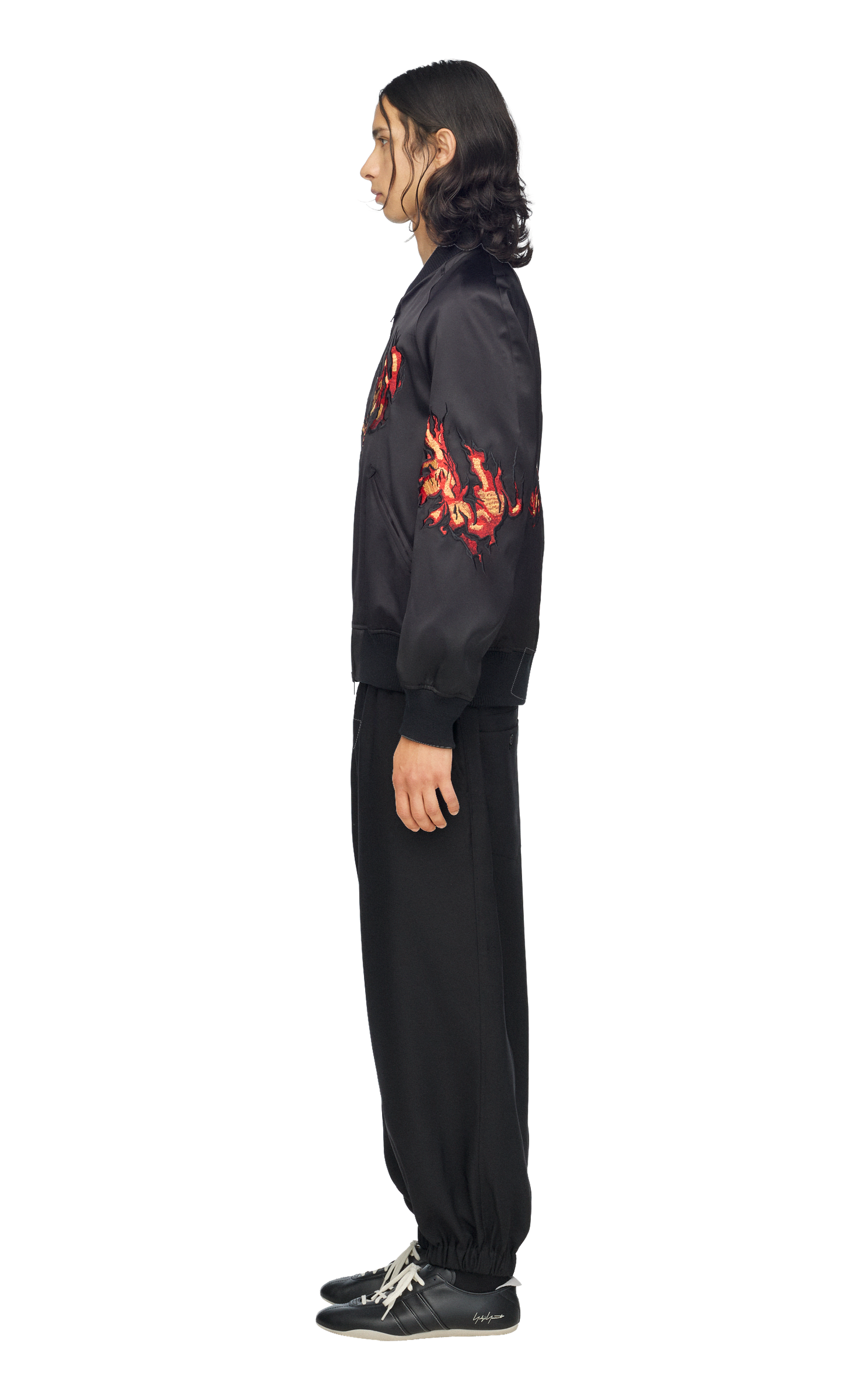 Y-3 EMBROIDERED GRAPHIC SATIN SOUVENIR BLACK JACKET
