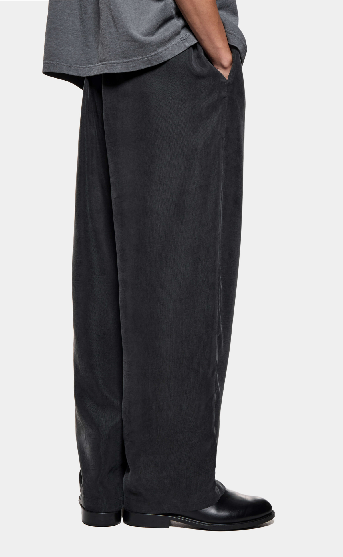 RIBBED CURPO WIDE LEG SUEDED BLACK PANTS