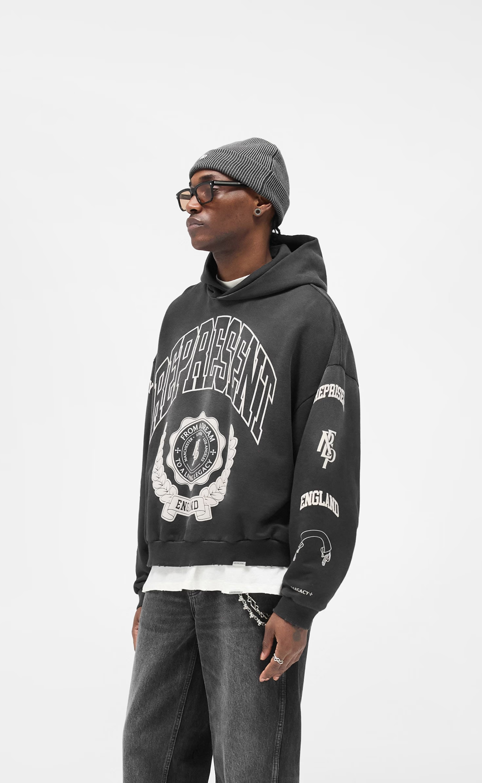 REPRESENT LEGACY CREST STAINED BLACK HOODIE
