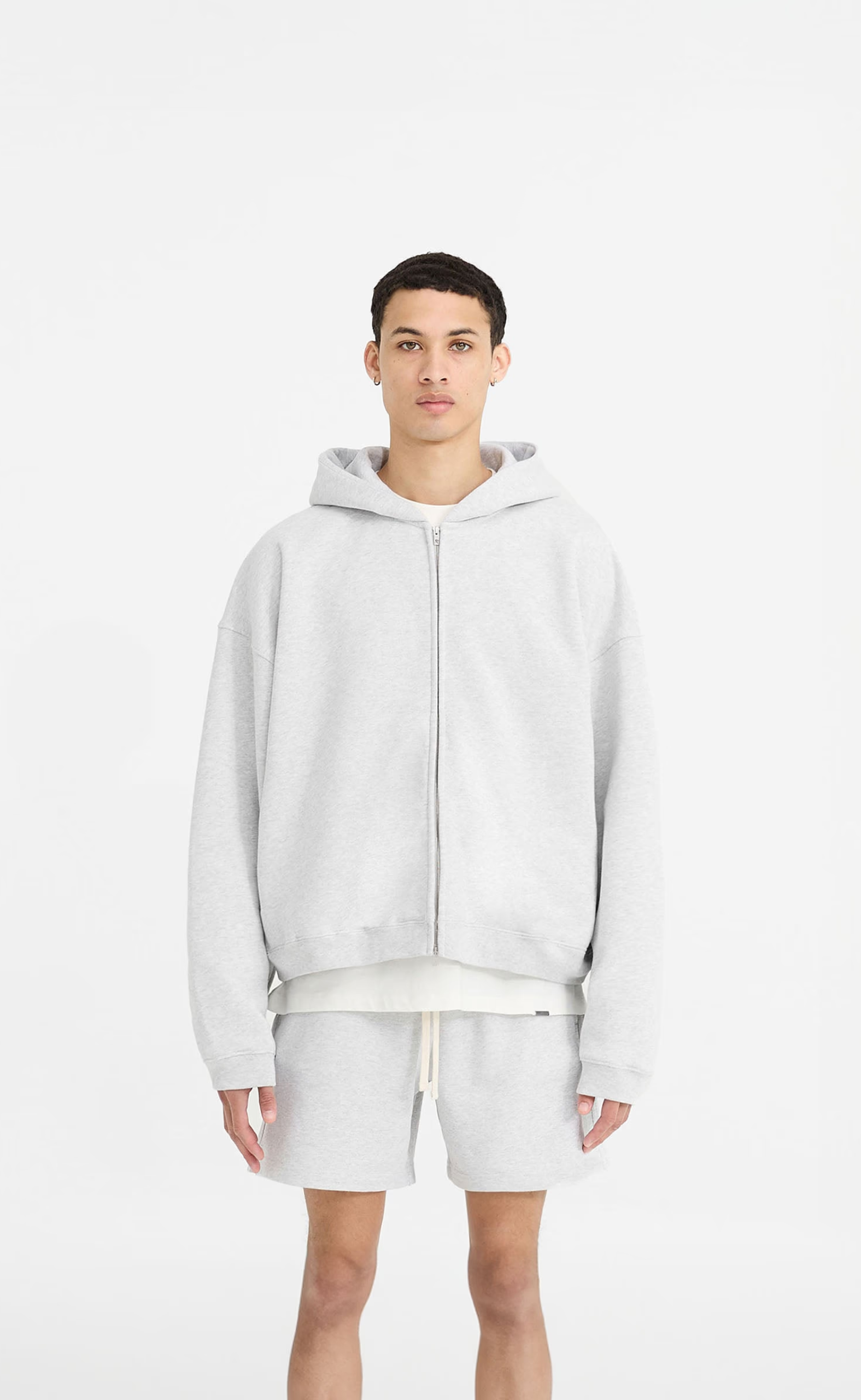 INITIAL BOXY OVERSIZED ZIP THROUGH ICE GREY MARL HOODIE
