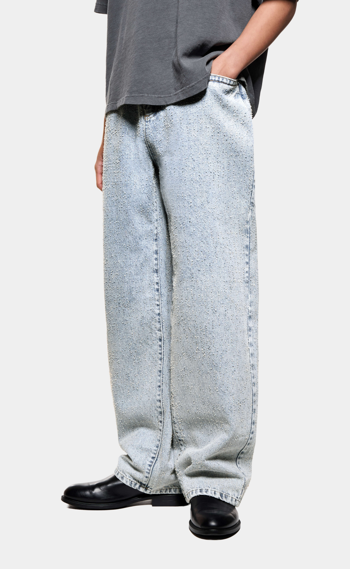 TWISTED WEAVE WIDE LEG BLEACH WASH JEANS