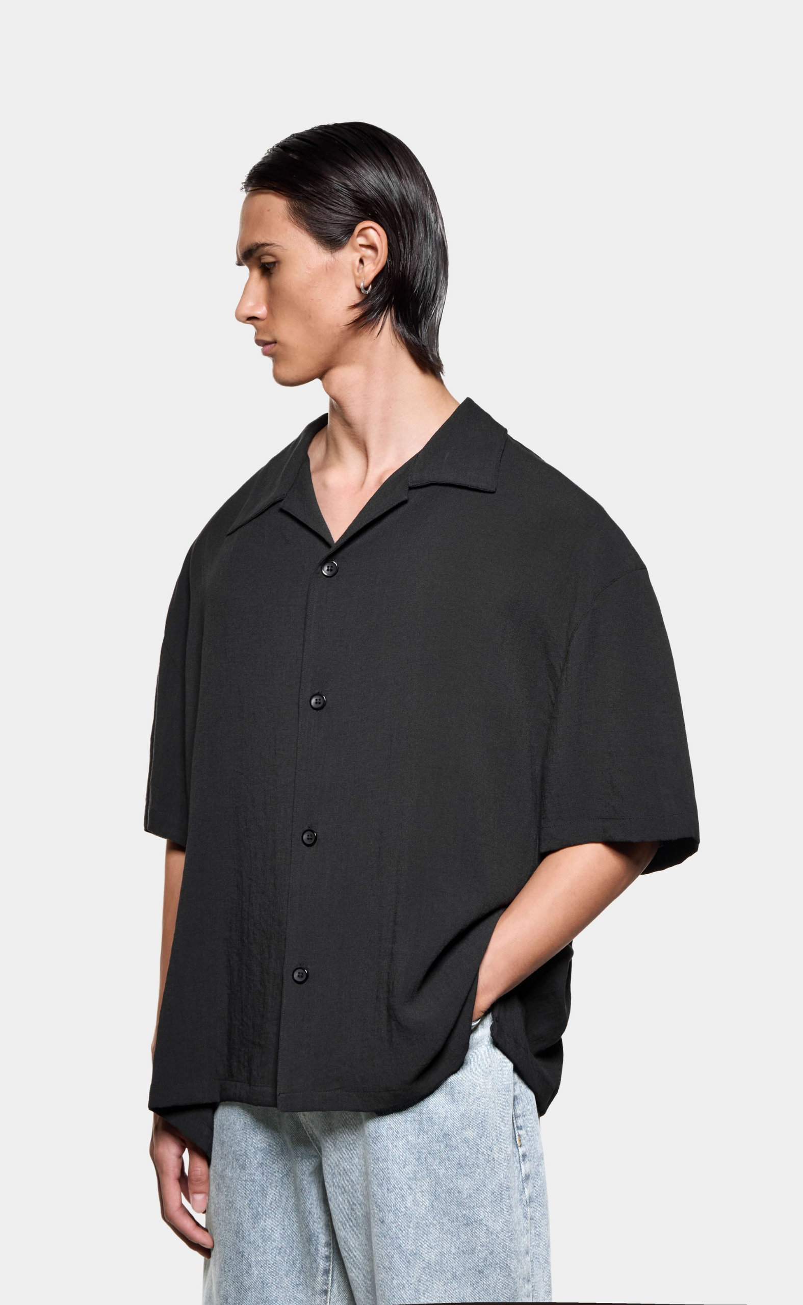 DRAPE SLUB VACATION BLACK SHIRT