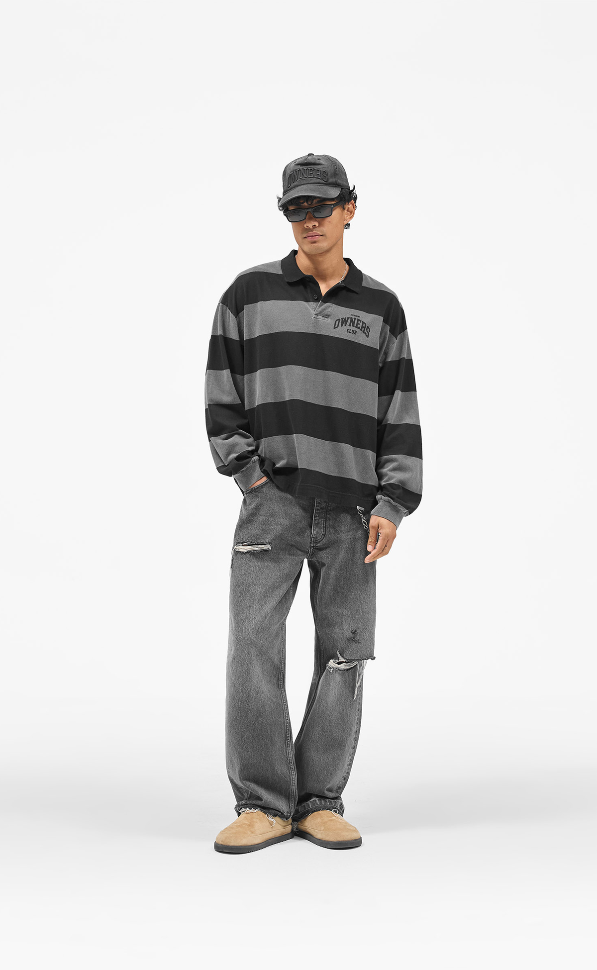 OWNERS RUGBY STRIPE POLO JET BLACK LONGSLEEVE