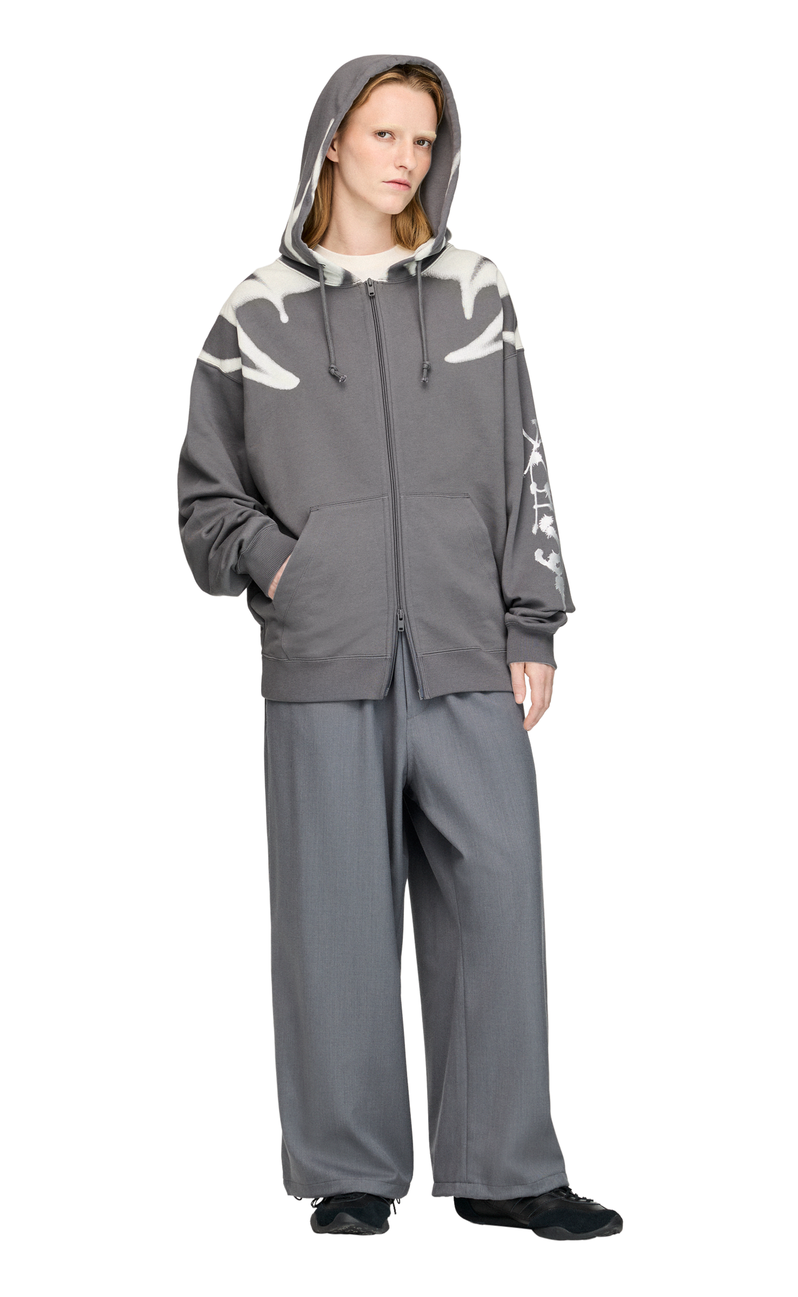 Y-3 CHITO GRAPHIC FRENCH TERRY ZIP GREY HOODIE