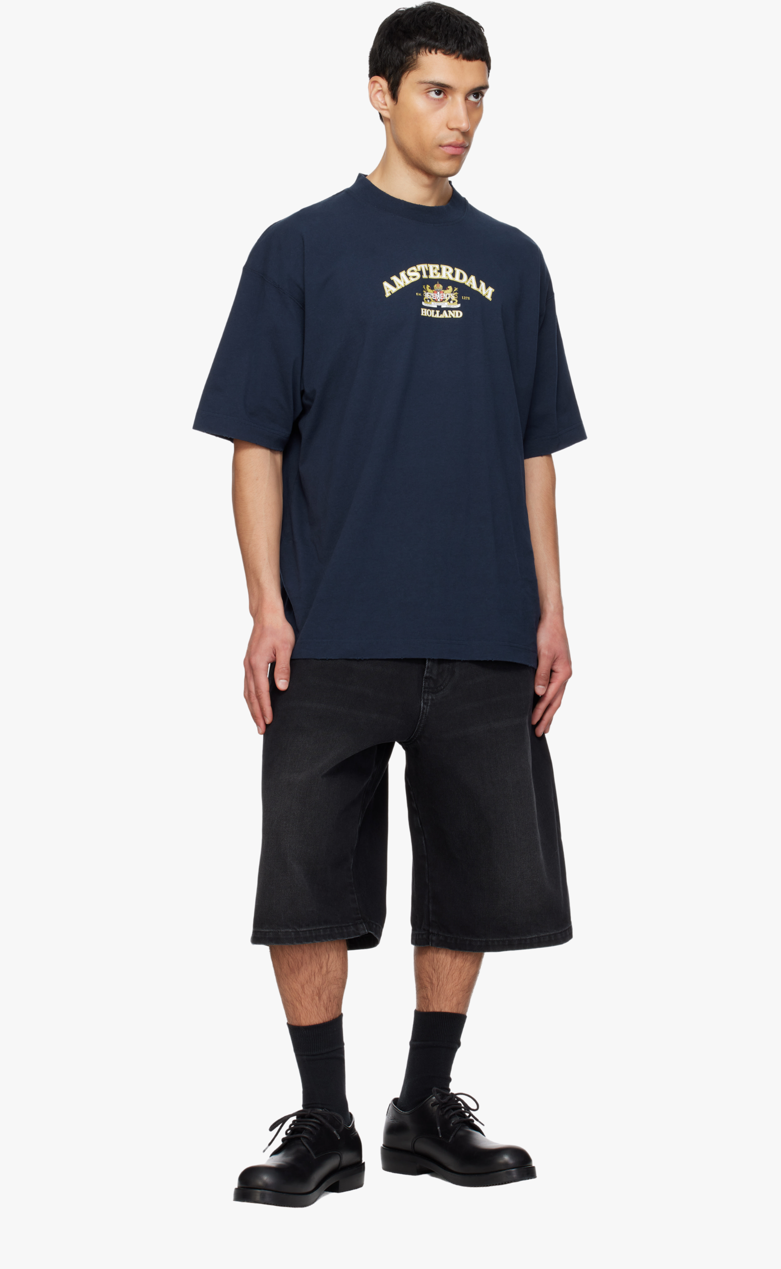 APLIQUE BIKER CROSS HIP-HOP WASHED BLACK SHORTS