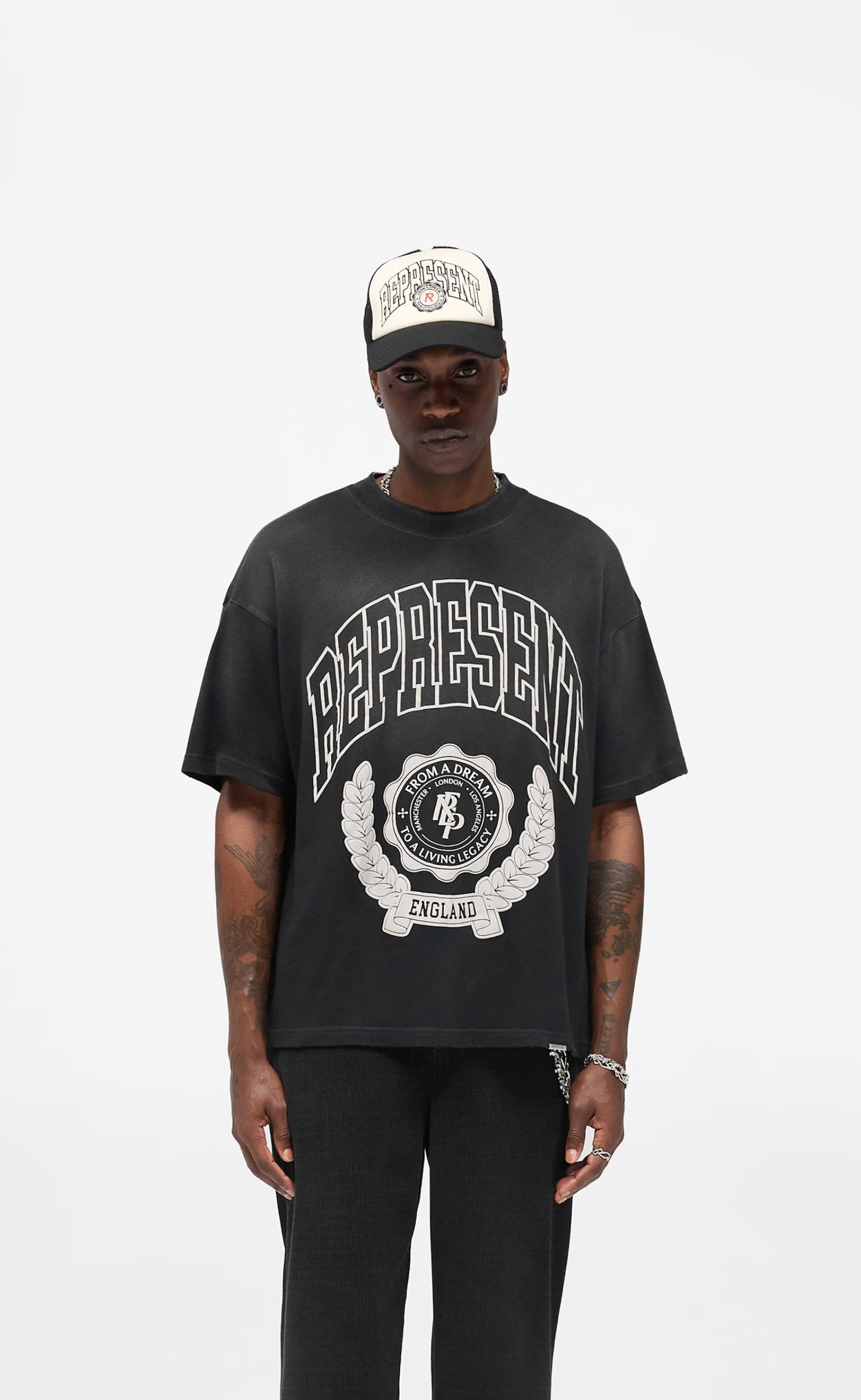 REPRESENT LEGACY CREST STAINED BLACK T-SHIRT