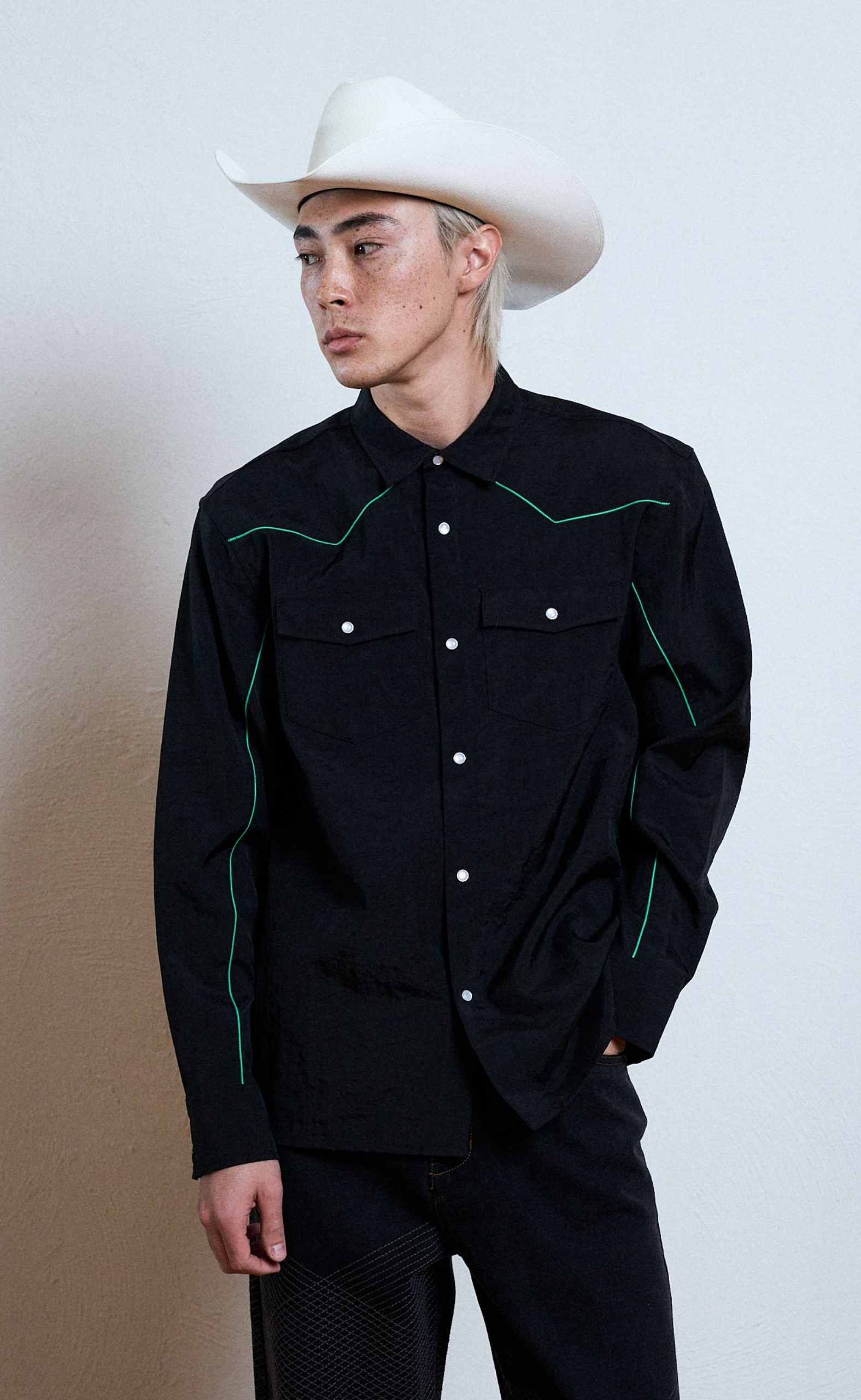 NYLON WESTERN BUTTON UP BLACK SHIRT