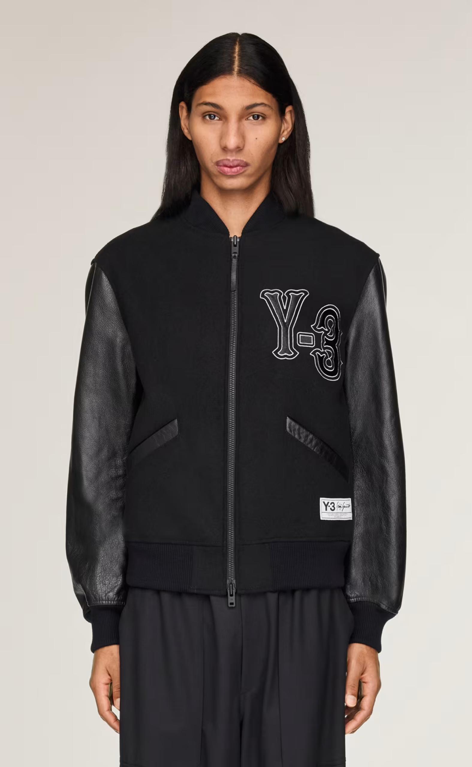 Y-3 COLLEGIATE LEATHER BLACK JACKET