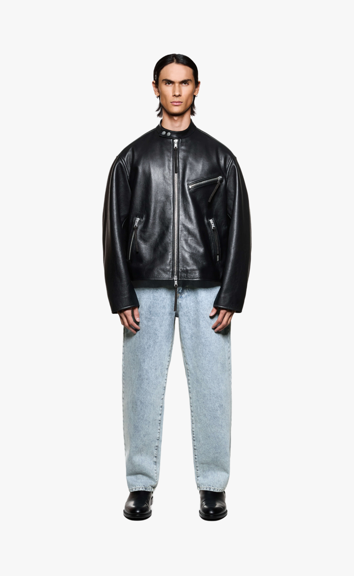 CROPPED LEATHER RACER BLACK JACKET