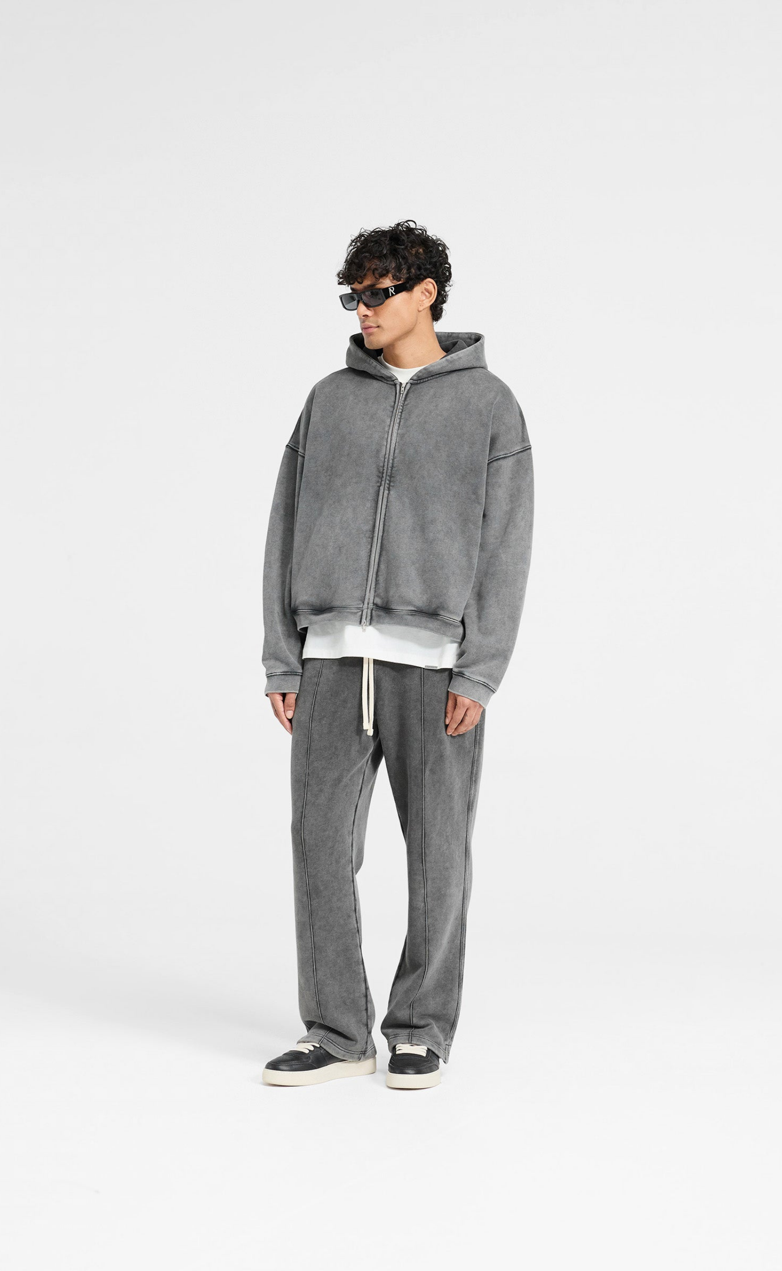 INITIAL BOXY OVERSIZED ZIP THROUGH VINTAGE GREY HOODIE