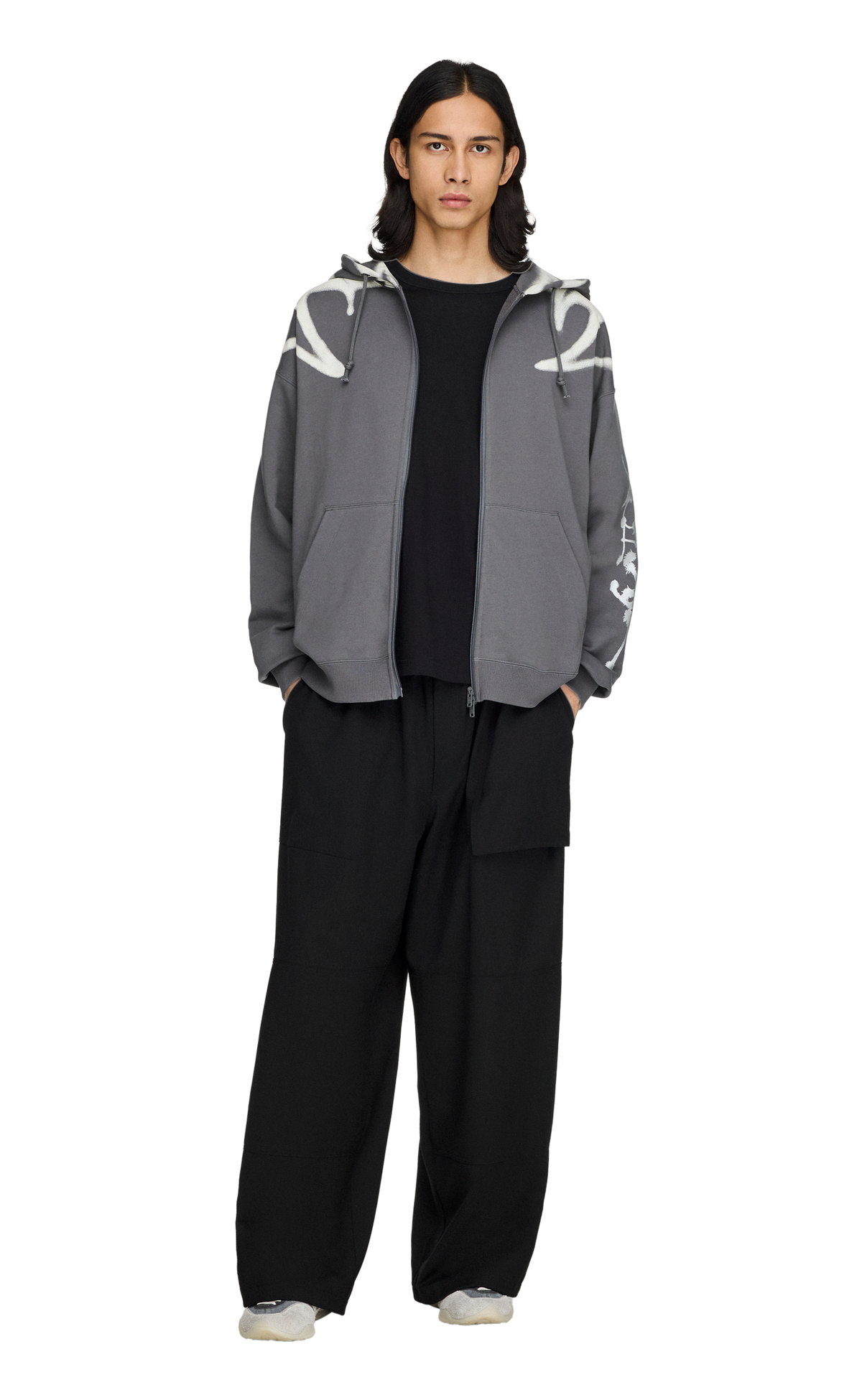Y-3 CHITO GRAPHIC FRENCH TERRY ZIP GREY HOODIE
