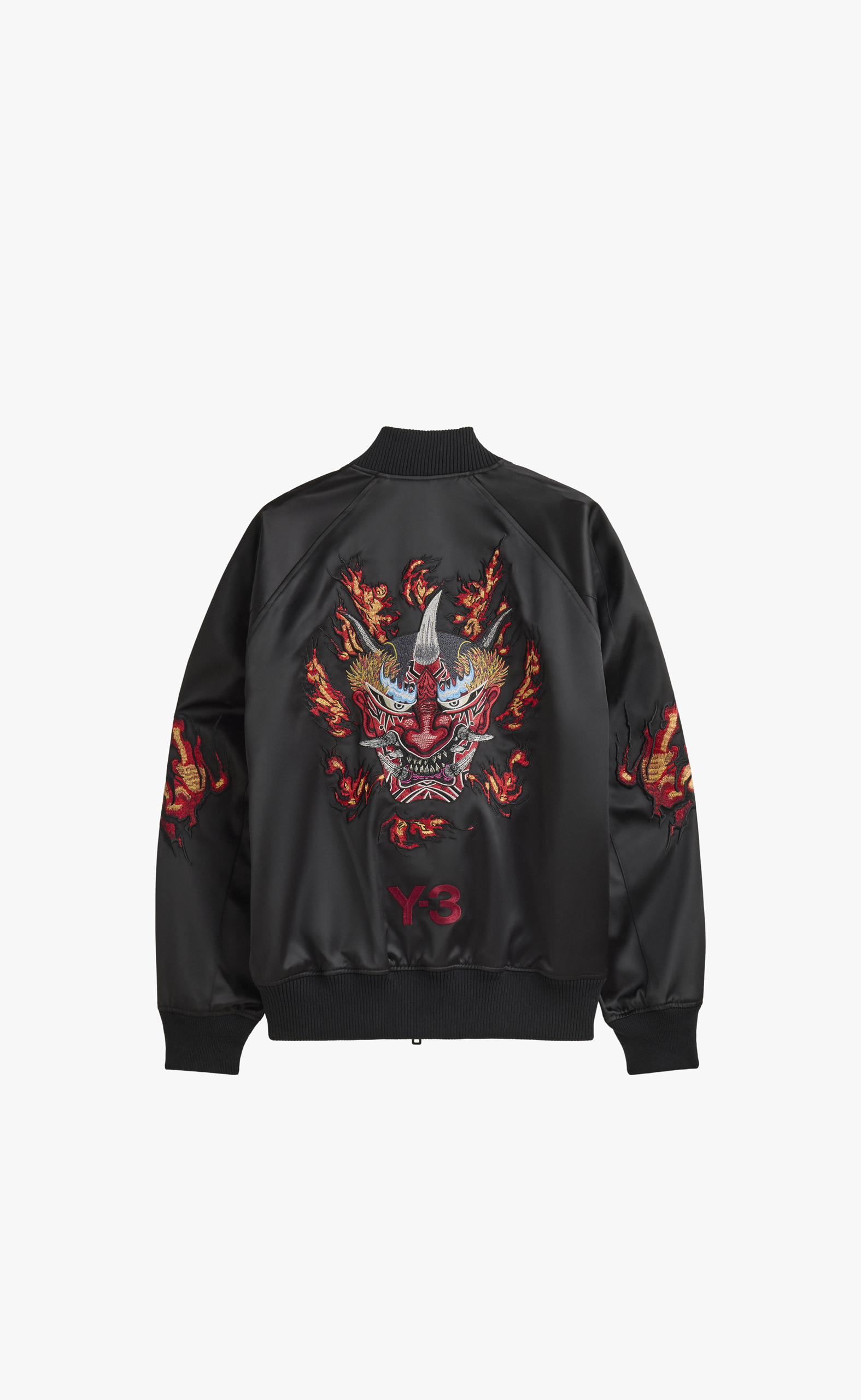 Y-3 EMBROIDERED GRAPHIC SATIN SOUVENIR BLACK JACKET