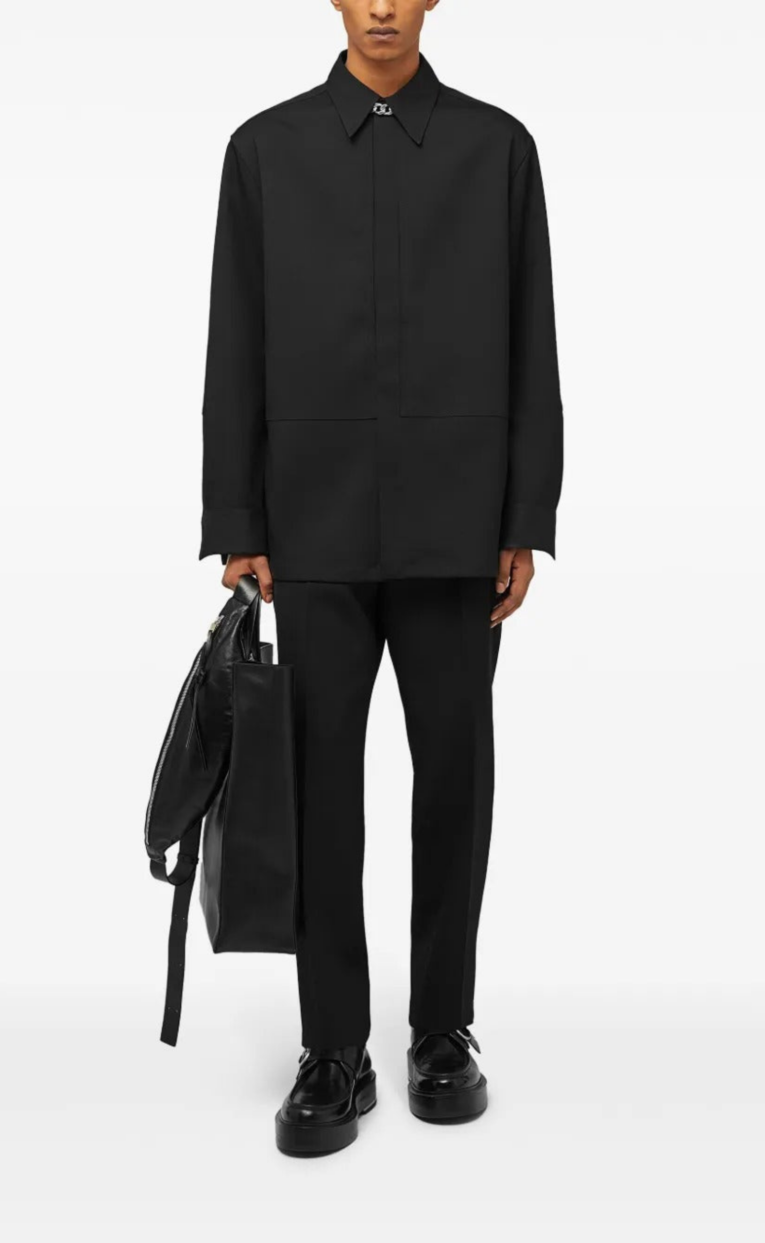 WOOL GABARDINE TAPERED RELAXED BLACK PANTS