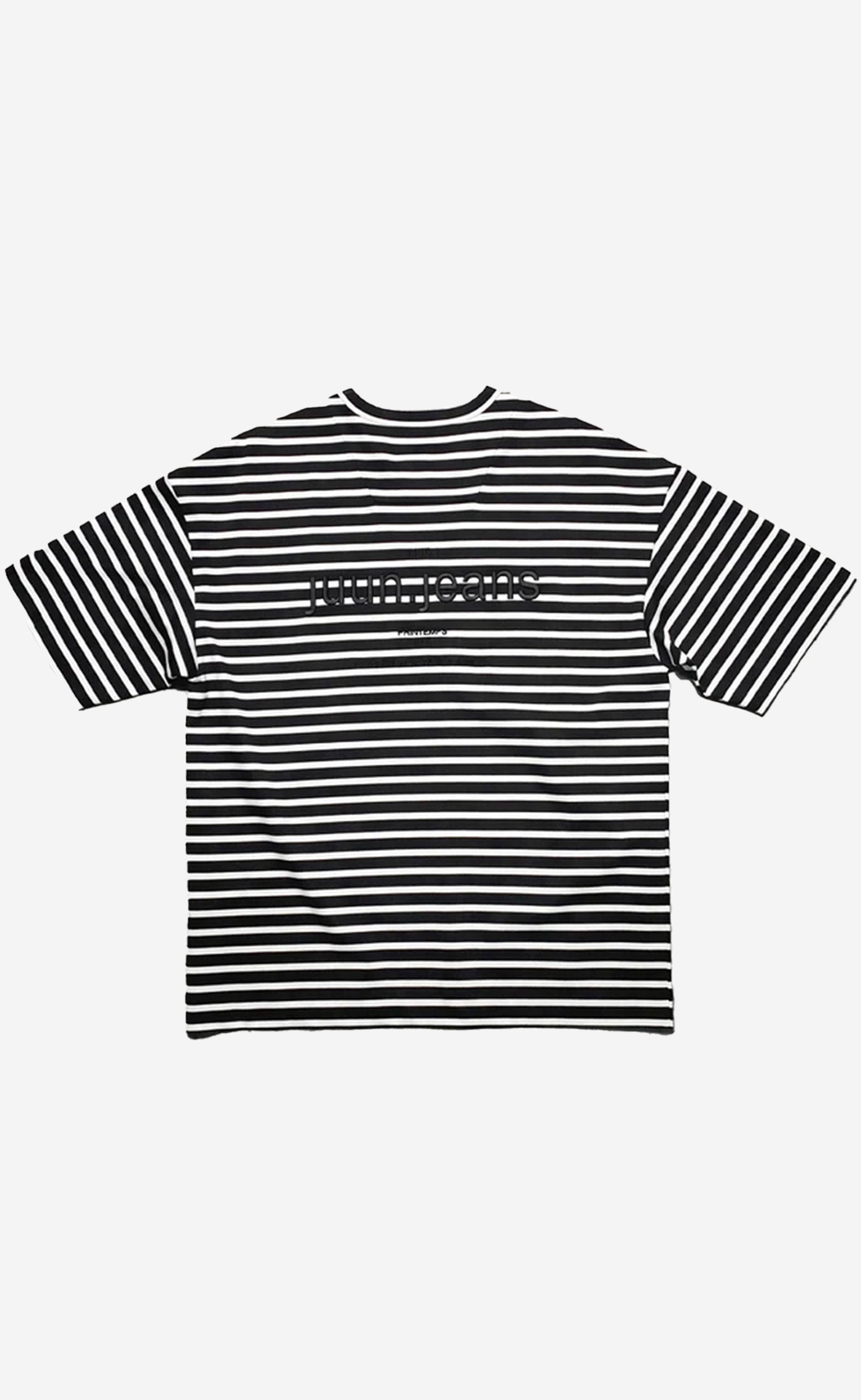 BLACK EMBROIDERY SEMI-OVER FIT STRIPE T-SHIRTS