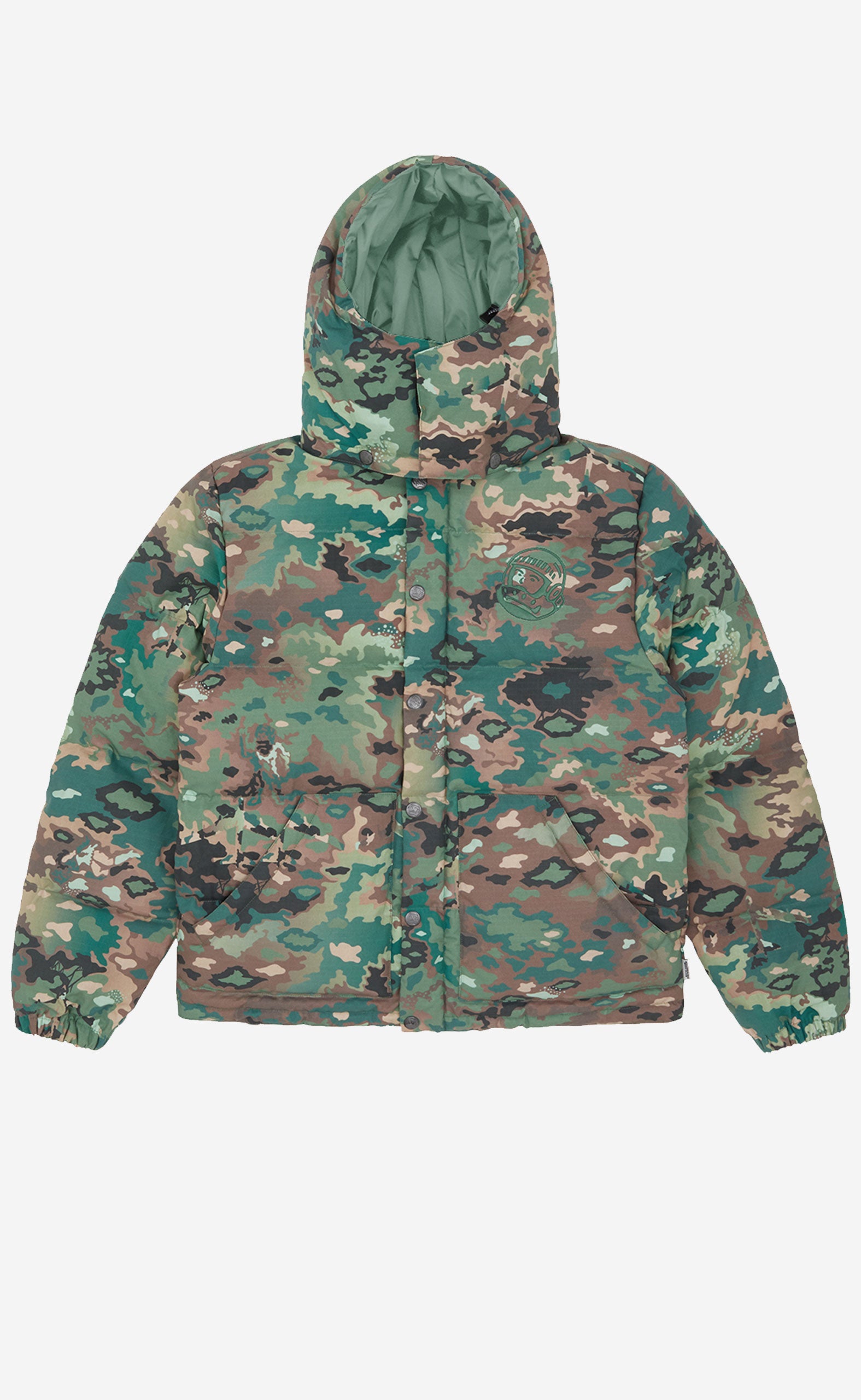 GREEN CAMO NOTHING CAMO DOWN FILLED HOODED JACKET