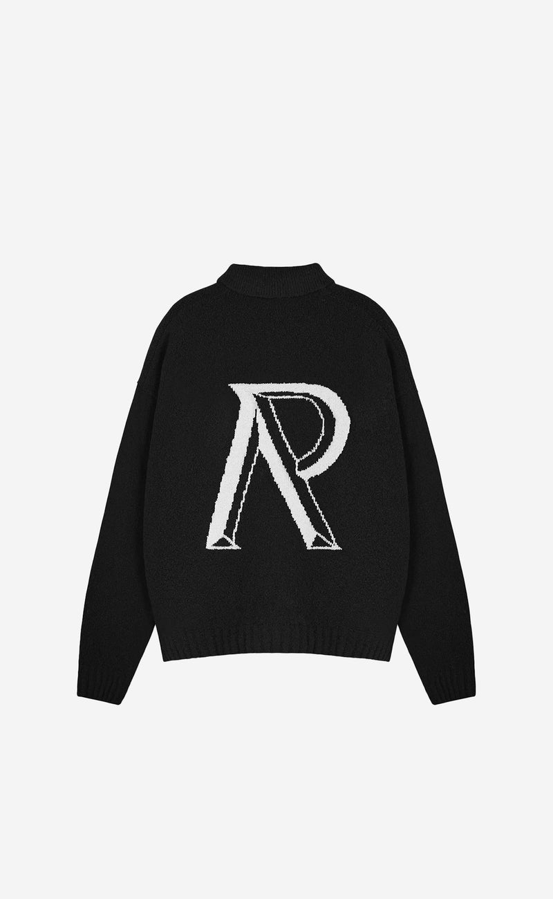 JET BLACK INITIAL R BOUCLE POLO SWEATER