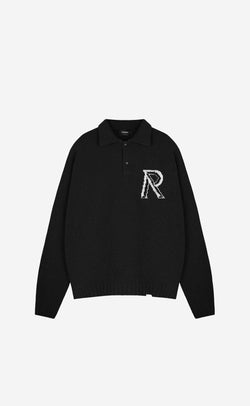 JET BLACK INITIAL R BOUCLE POLO SWEATER