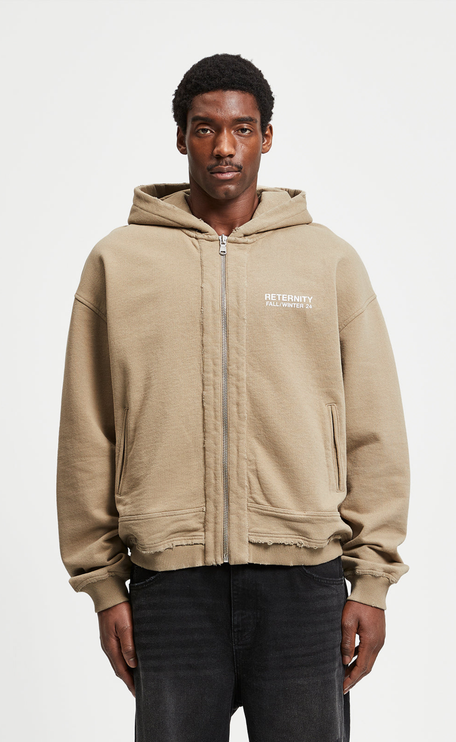 RIBBED ZIP TAUPE HOODIE