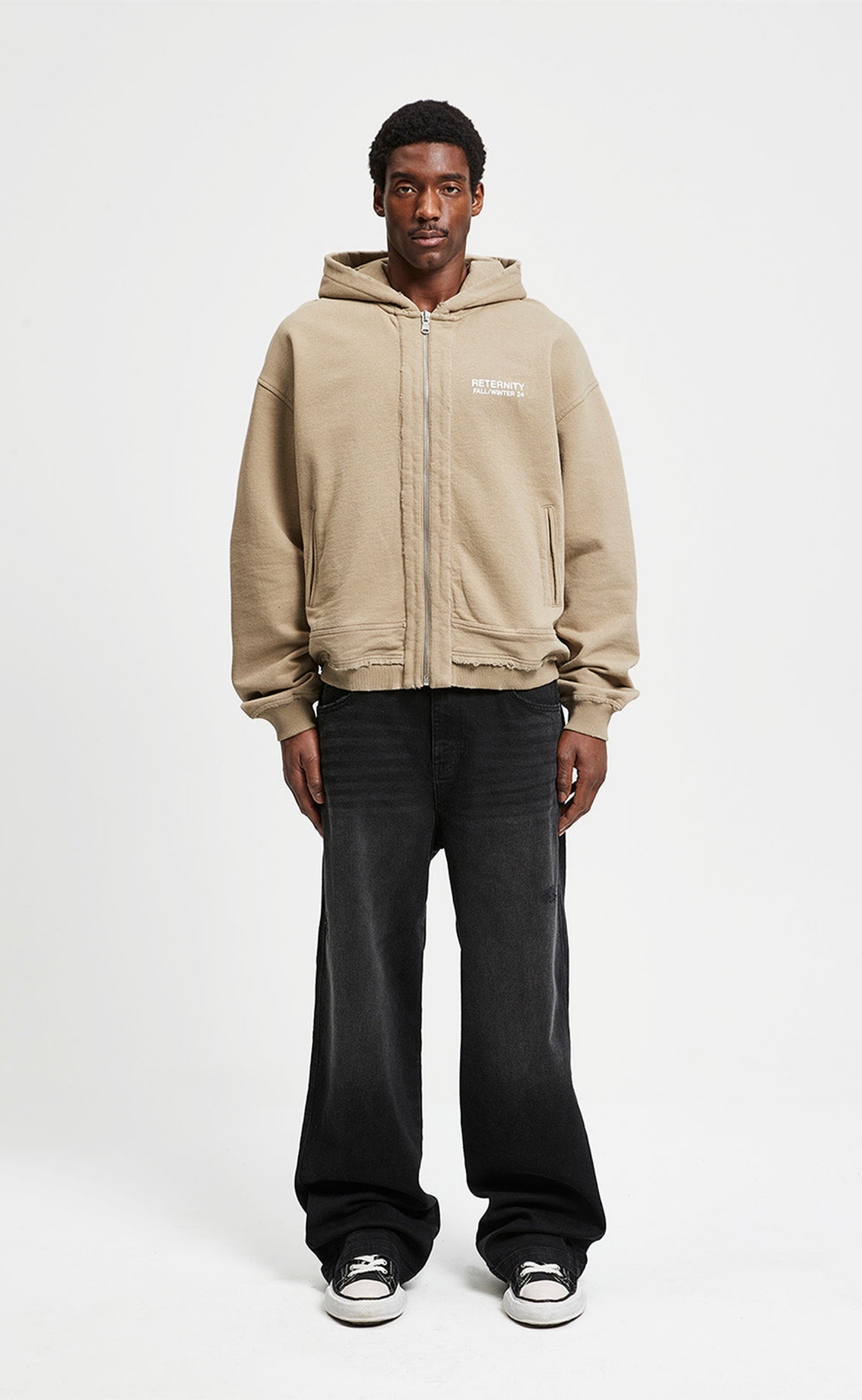 RIBBED ZIP TAUPE HOODIE