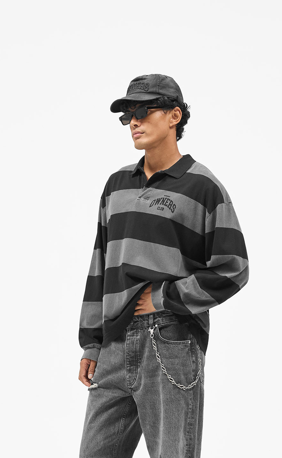 OWNERS RUGBY STRIPE POLO JET BLACK LONGSLEEVE