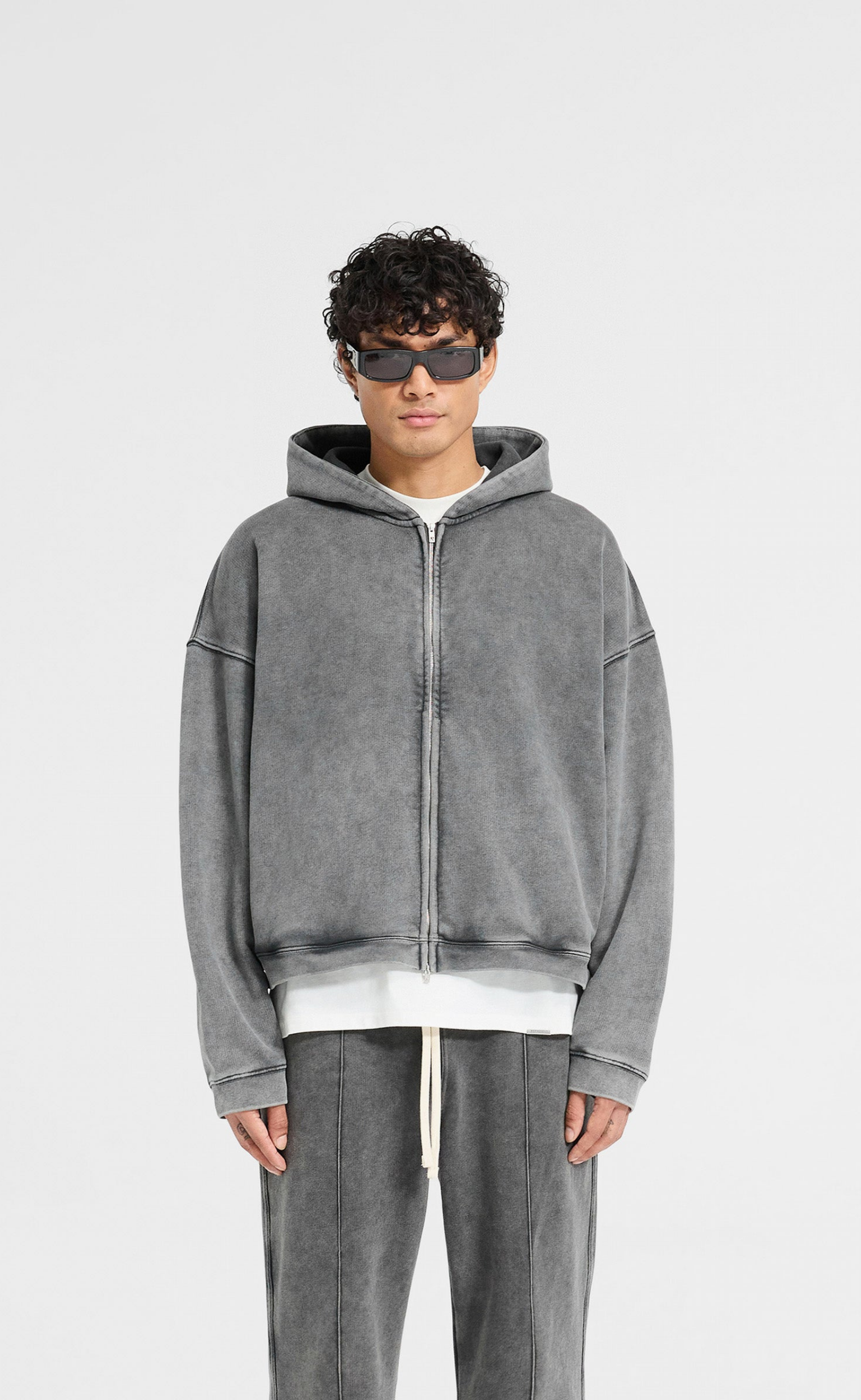INITIAL BOXY OVERSIZED ZIP THROUGH VINTAGE GREY HOODIE