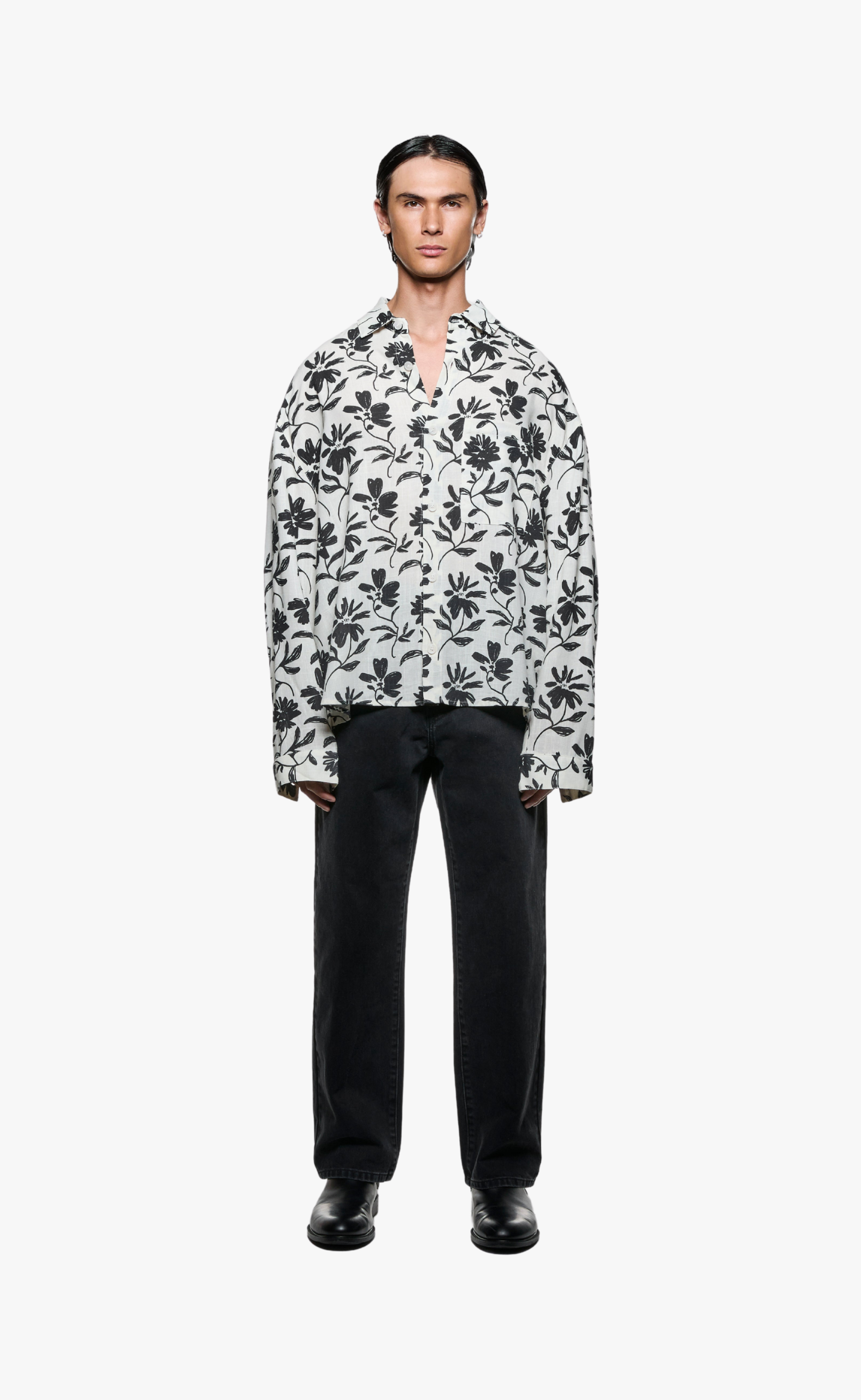 FLORAL LINEN BOX DRESS RAW SHIRT
