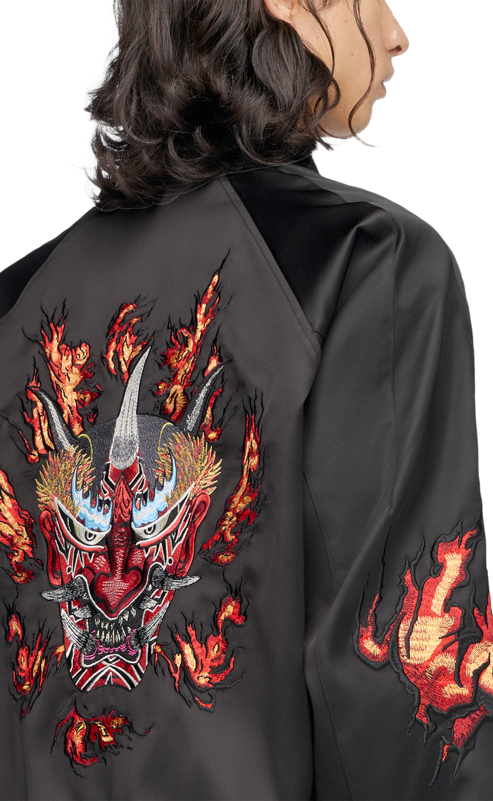 Y-3 EMBROIDERED GRAPHIC SATIN SOUVENIR BLACK JACKET
