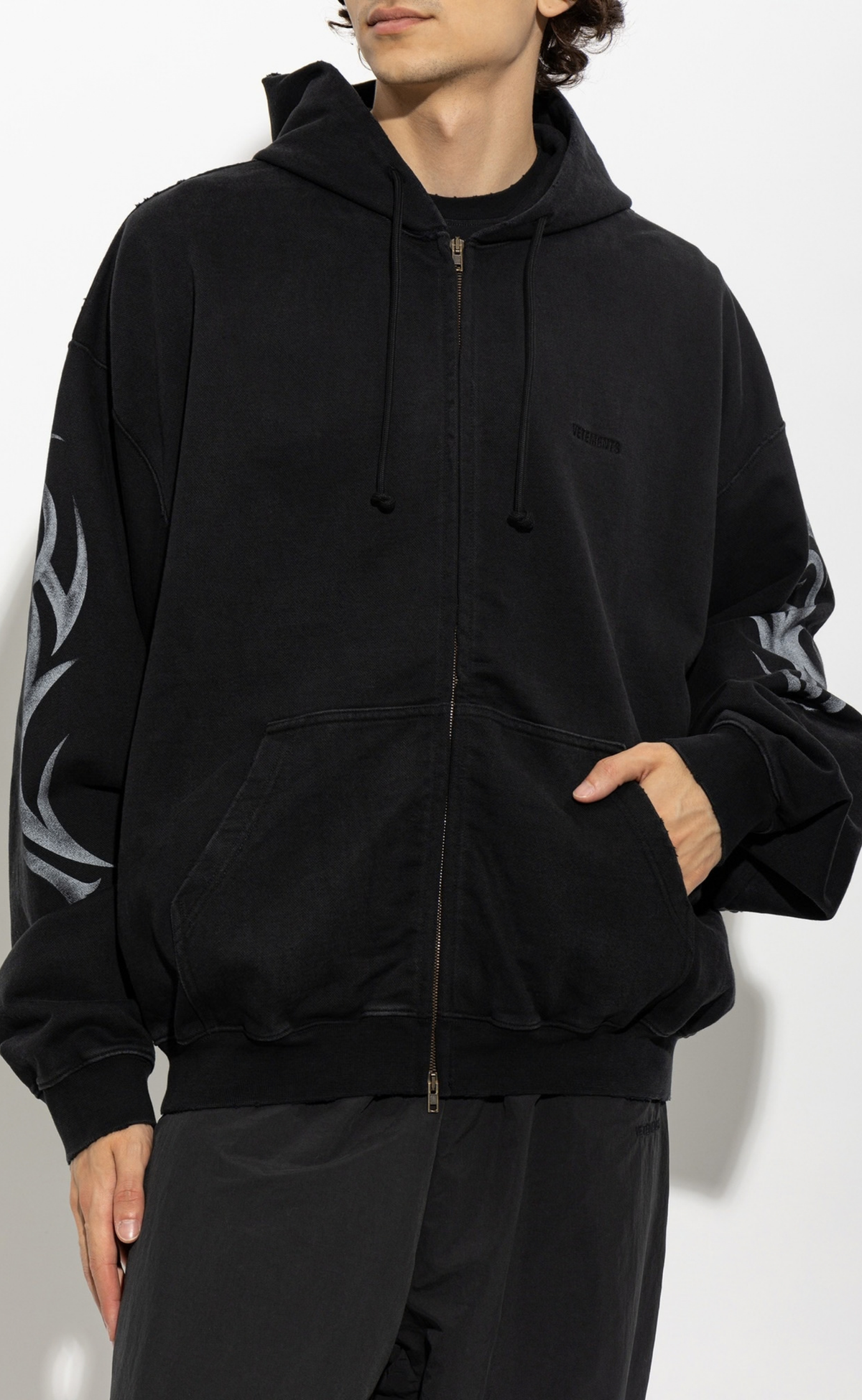 GRAFFITI TRIBAL ZIP WASHED BLACK HOODIE