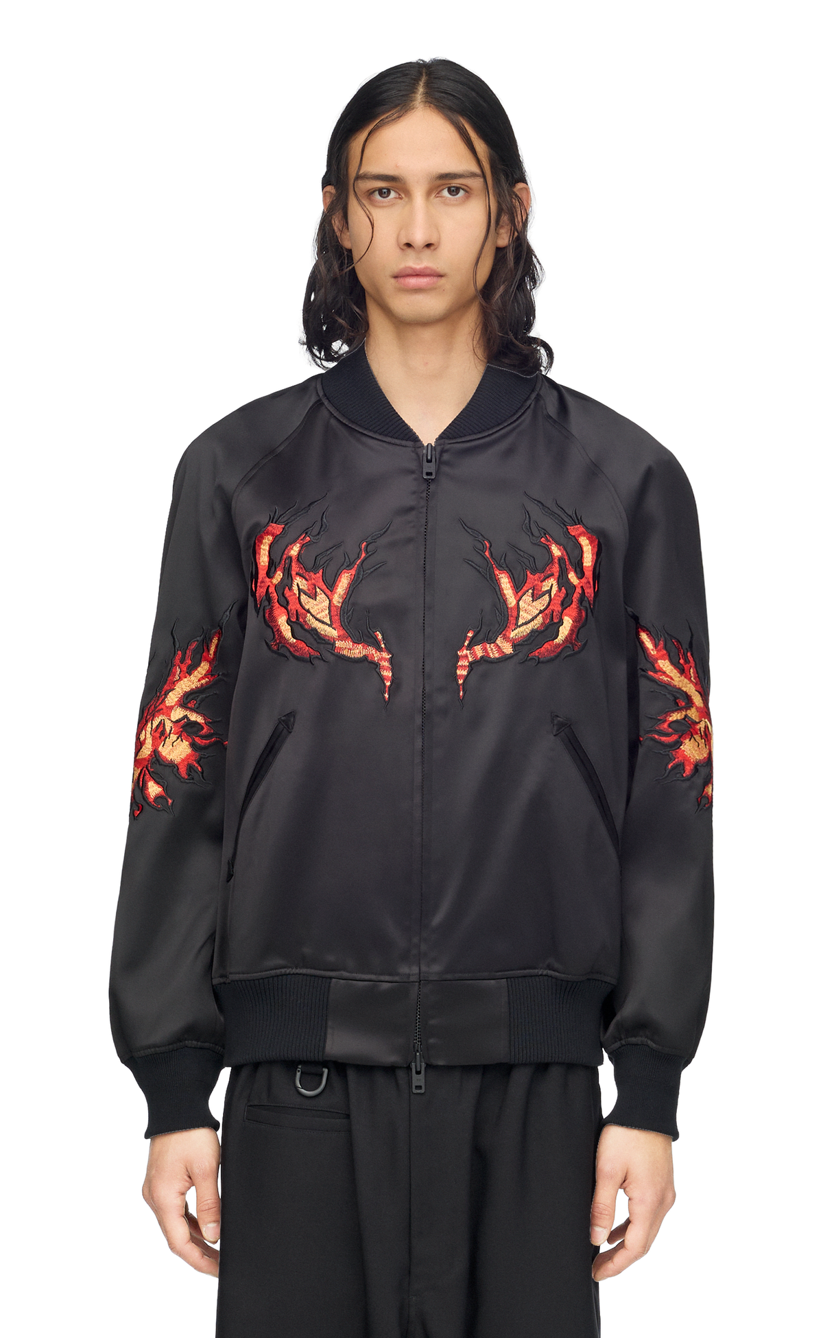 Y-3 EMBROIDERED GRAPHIC SATIN SOUVENIR BLACK JACKET