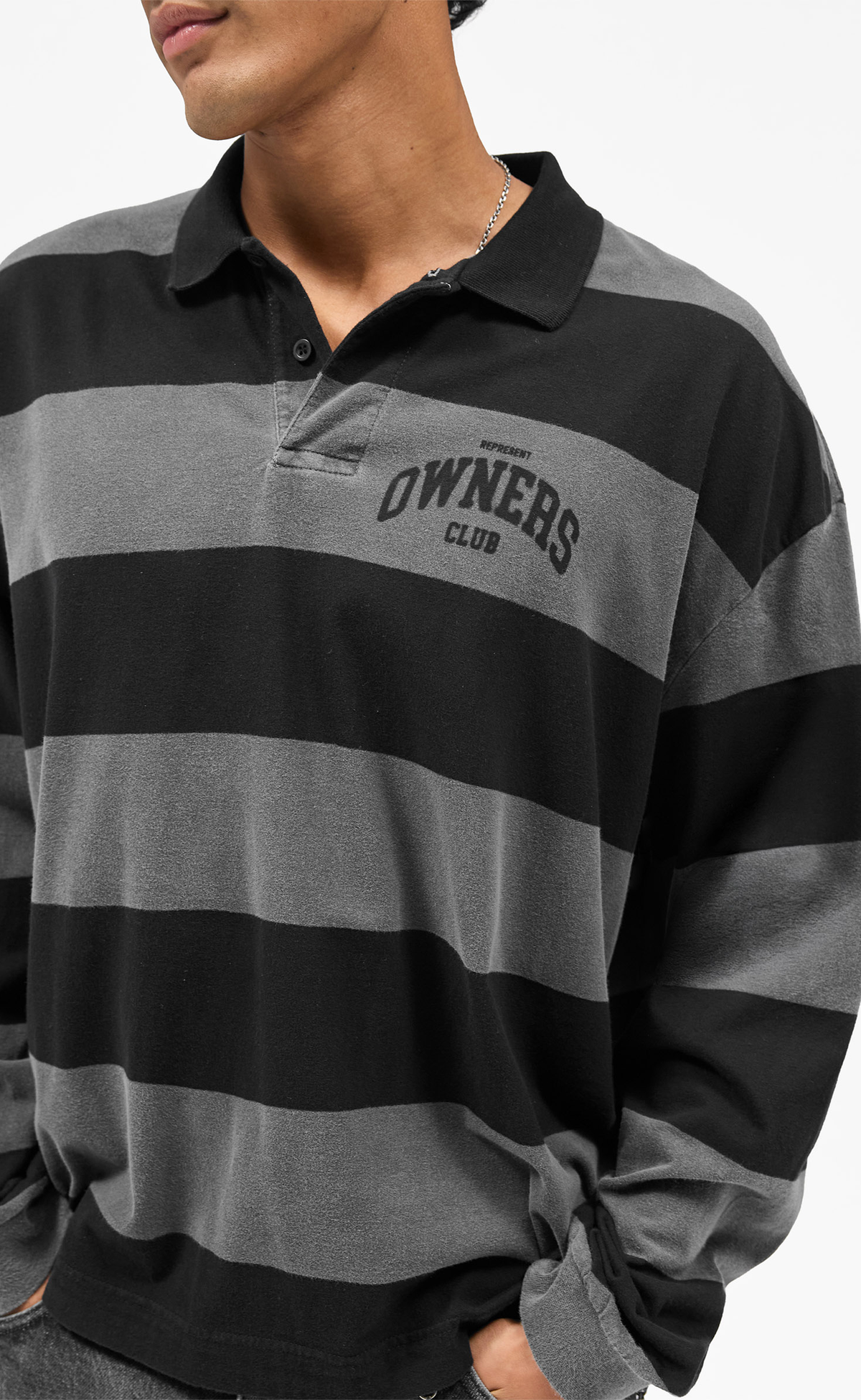 OWNERS RUGBY STRIPE POLO JET BLACK LONGSLEEVE