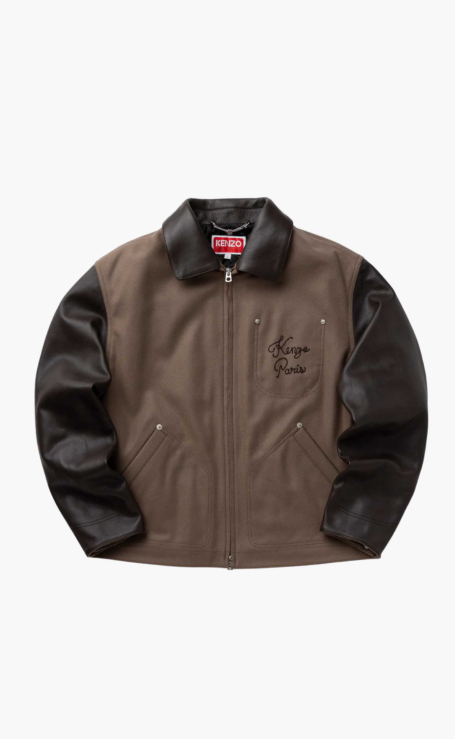 KENZO PARIS CHAINSTITCH LEATHER WOOL BLOUSON TAUPE JACKET