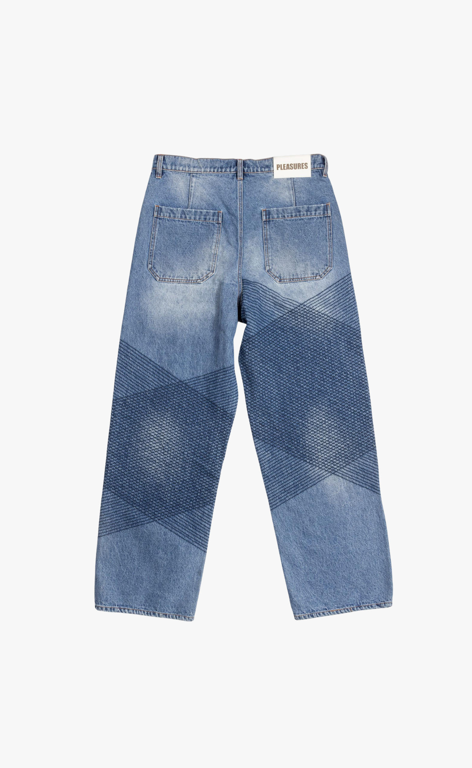 GRID EMBROIDERED BAGGY INDIGO JEANS