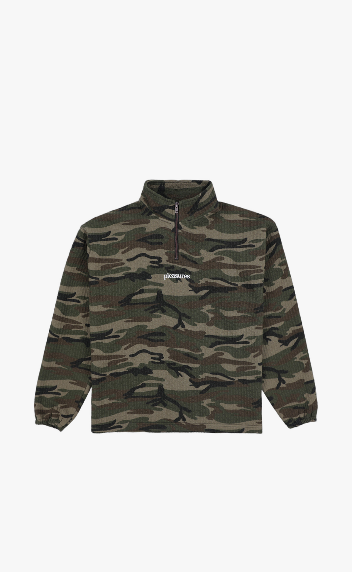 TEXTURED CAMO QUARTER ZIP CAMO SWEATER