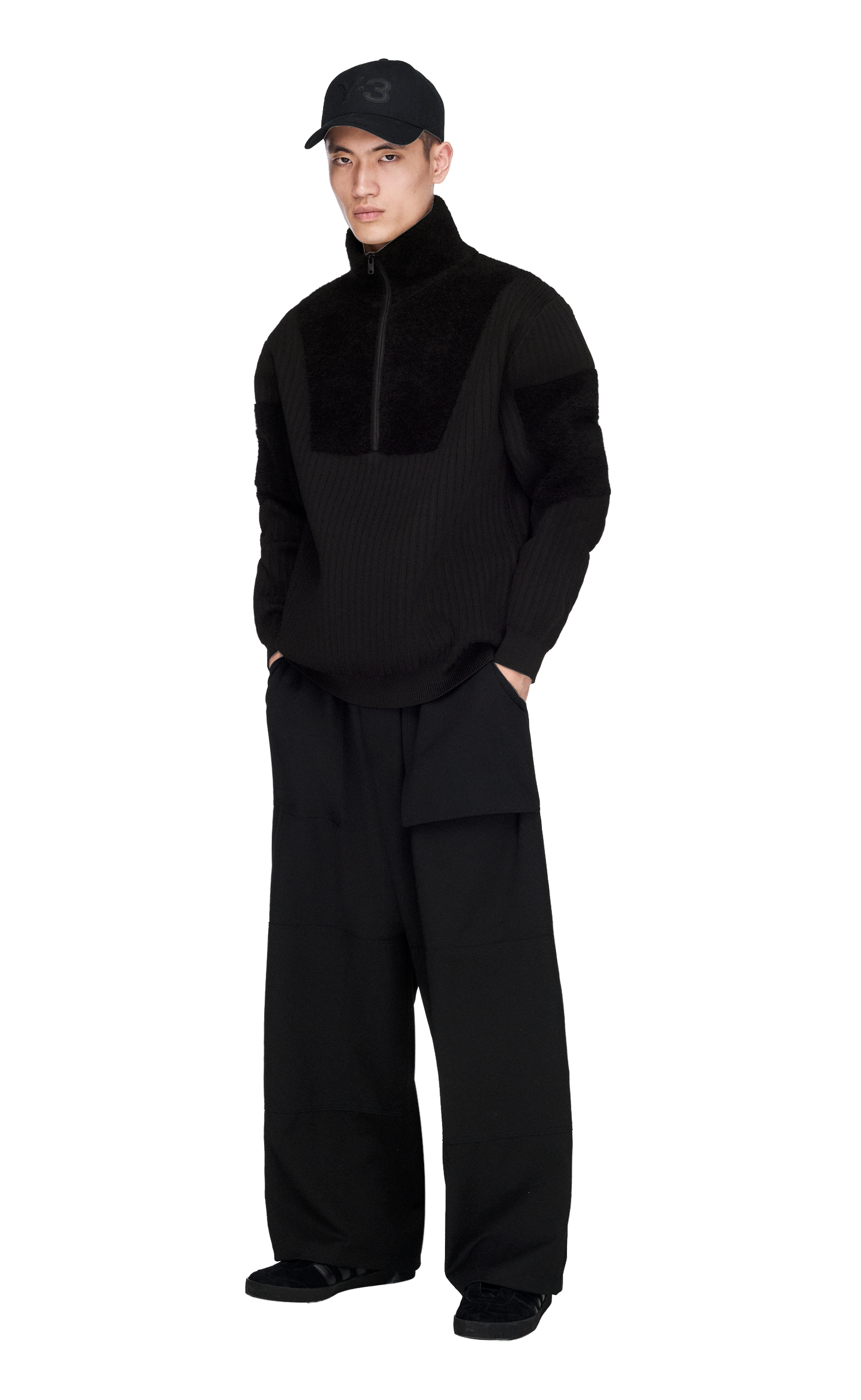 Y-3 KNITTED PANEL BLOCKED BLACK QUARTER ZIP
