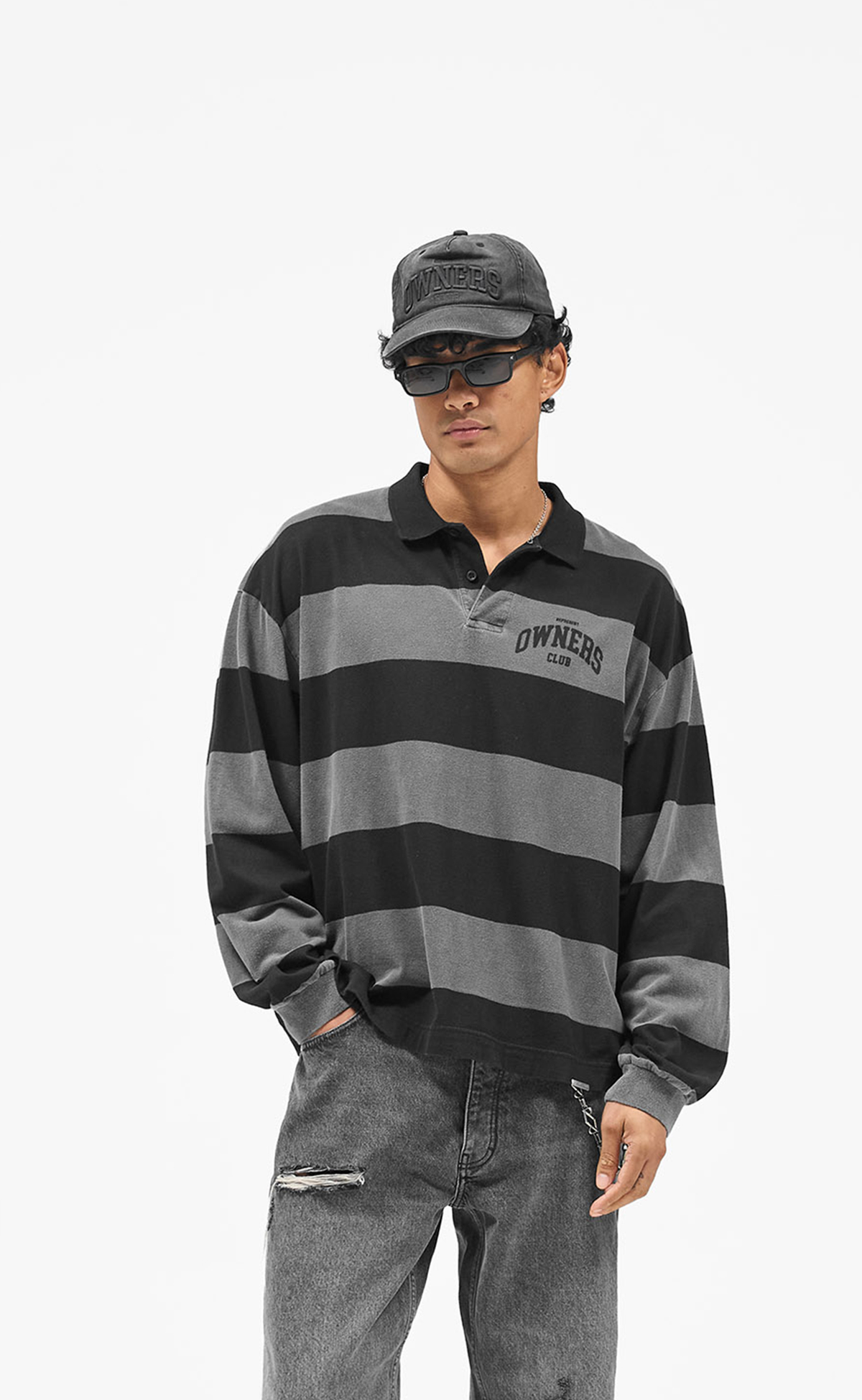 OWNERS RUGBY STRIPE POLO JET BLACK LONGSLEEVE