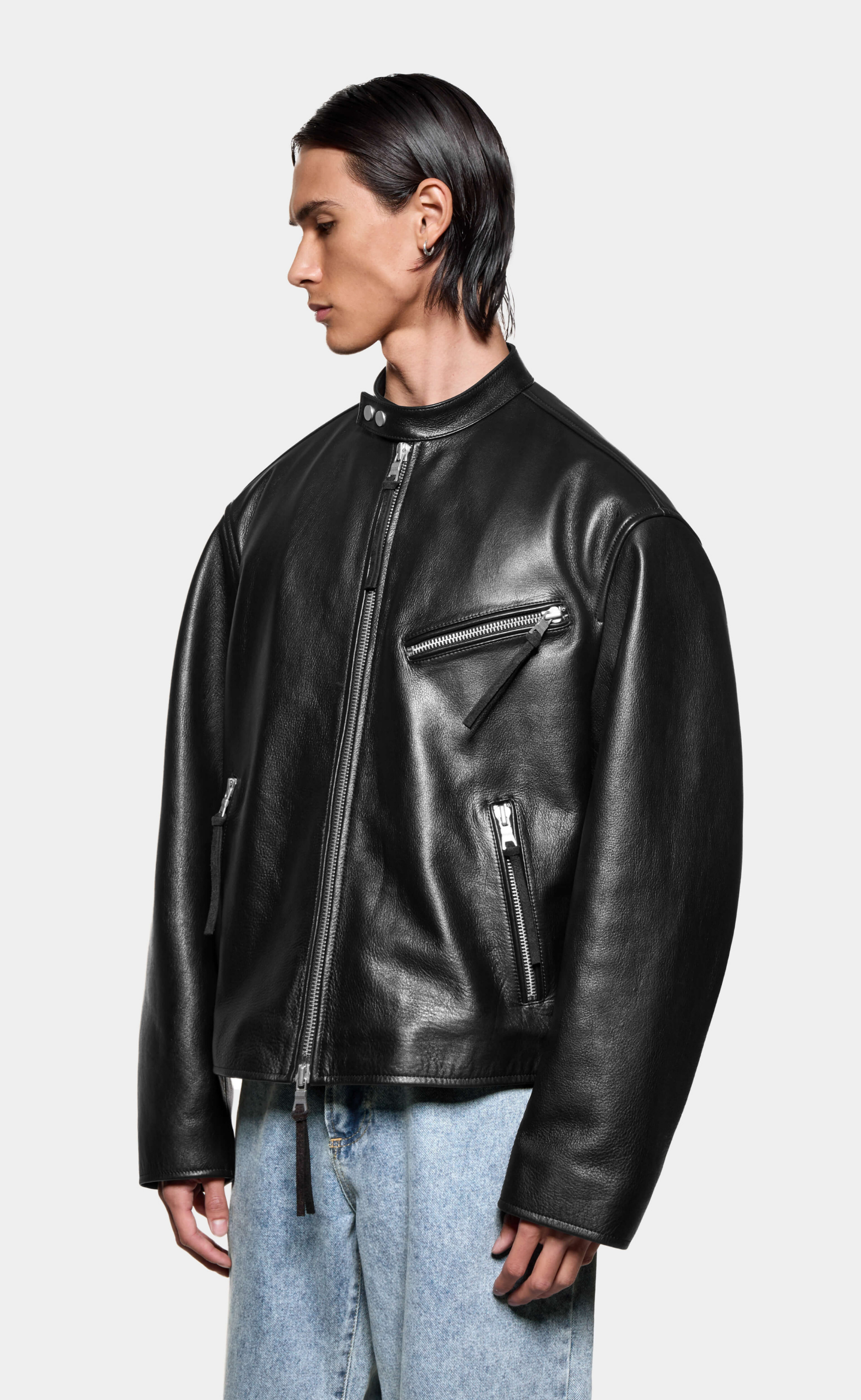 CROPPED LEATHER RACER BLACK JACKET