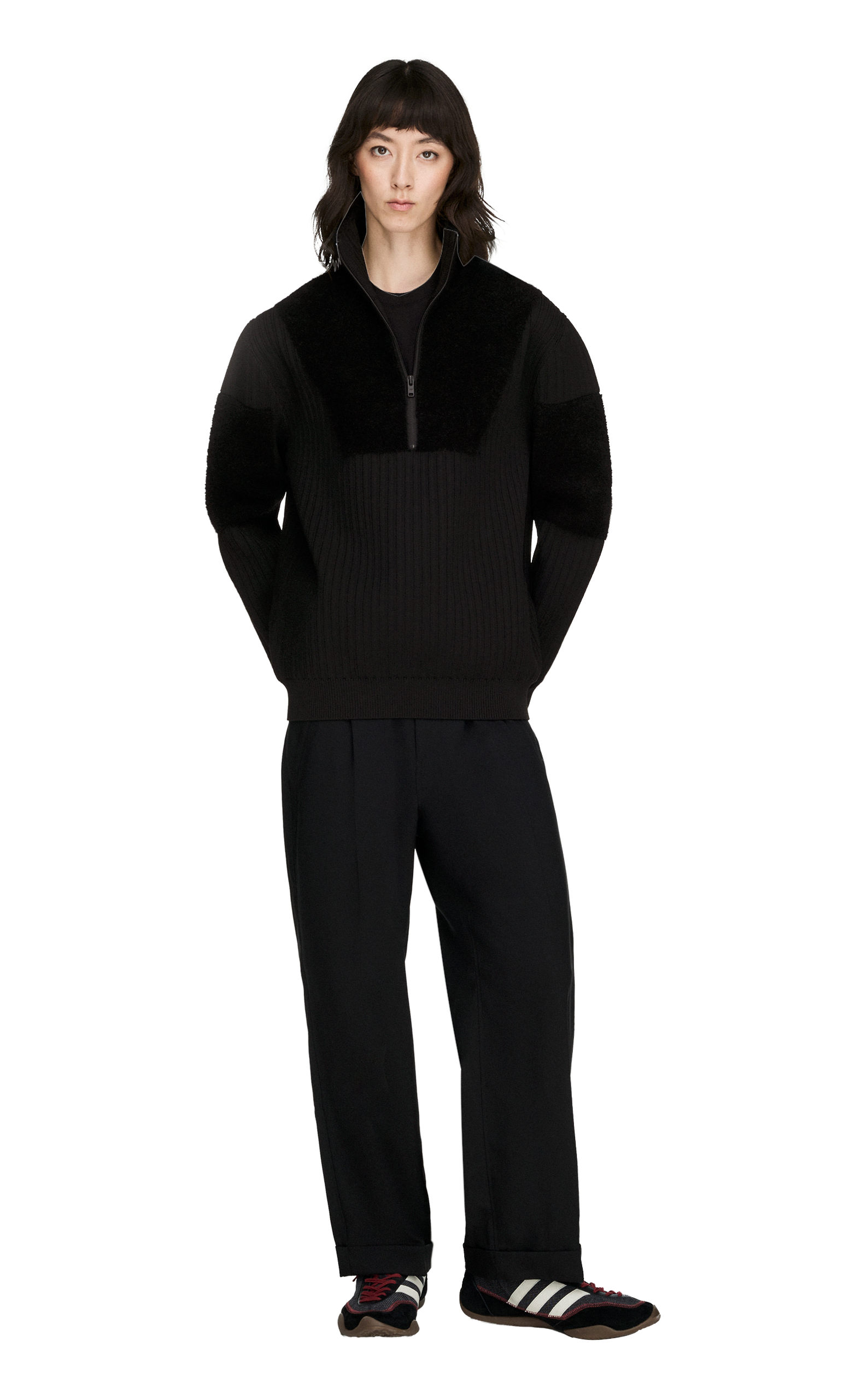 Y-3 KNITTED PANEL BLOCKED BLACK QUARTER ZIP