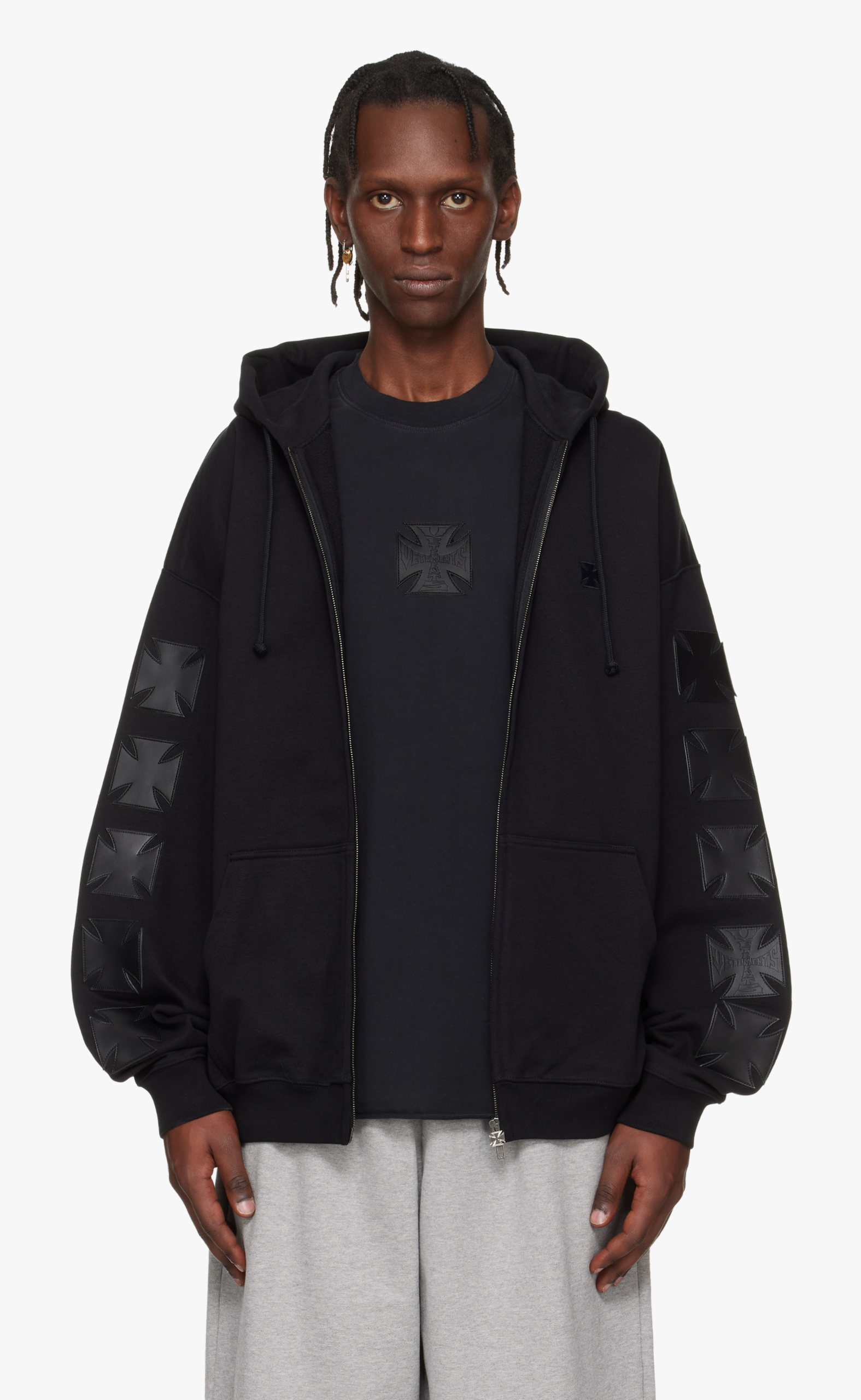 LEATHER BIKER CROSS BLACK ZIP-UP HOODIE