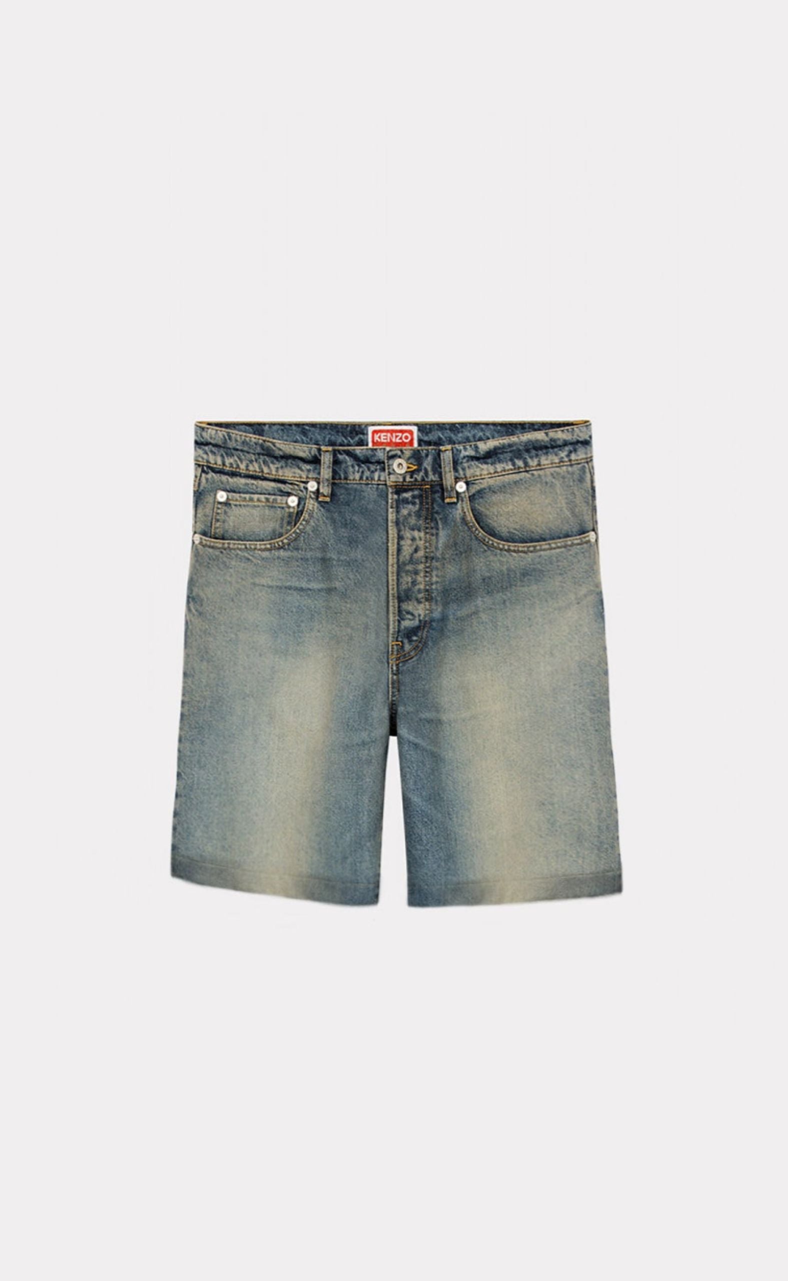 DIRTY BLUE DENIM STONE BLEACH ASAGAO STRAIGHT SHORTS